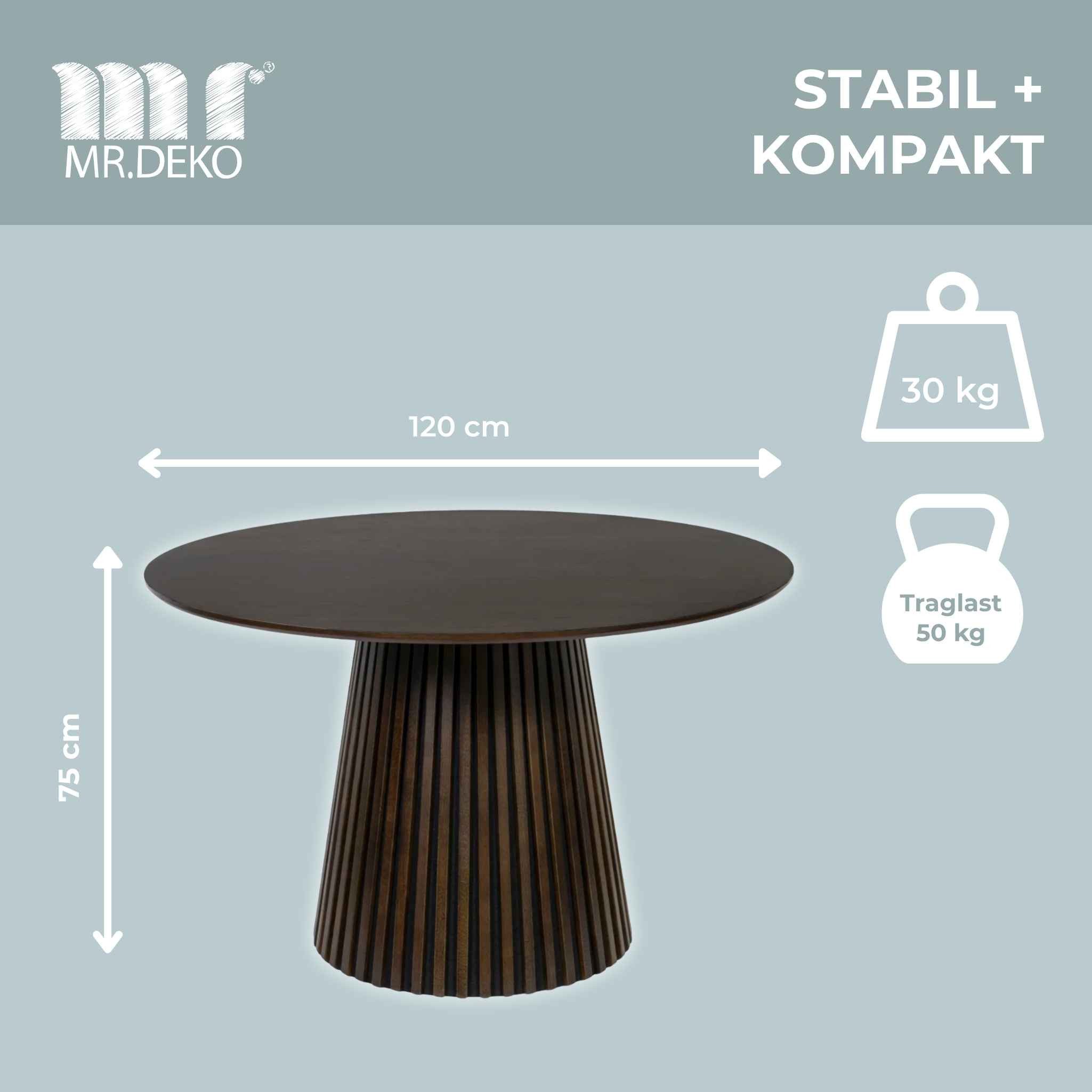 MR.DEKO Esstisch Diningtisch Esszimmertisch Barletta Smoked Oak rund 120 cm FSC®100%, Runde Tischplatte aus Eiche, Gestell Lamellenoptik, Esszimmer – Bild 3 von 5
