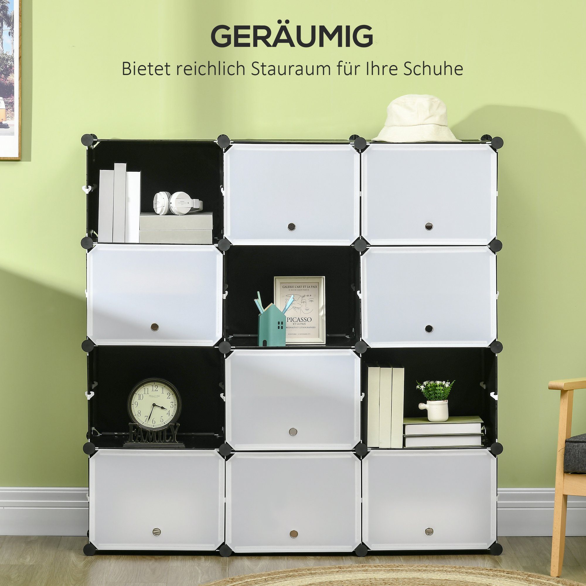 HOMCOM Kommode DIY Regalsystem mit 12 Würfeln (Aufbewahrungsregal, 148 St., DIY-Würfelregal), Kunststoff Stahl Schwarz+Weiß 125 x 32 x 125 cm