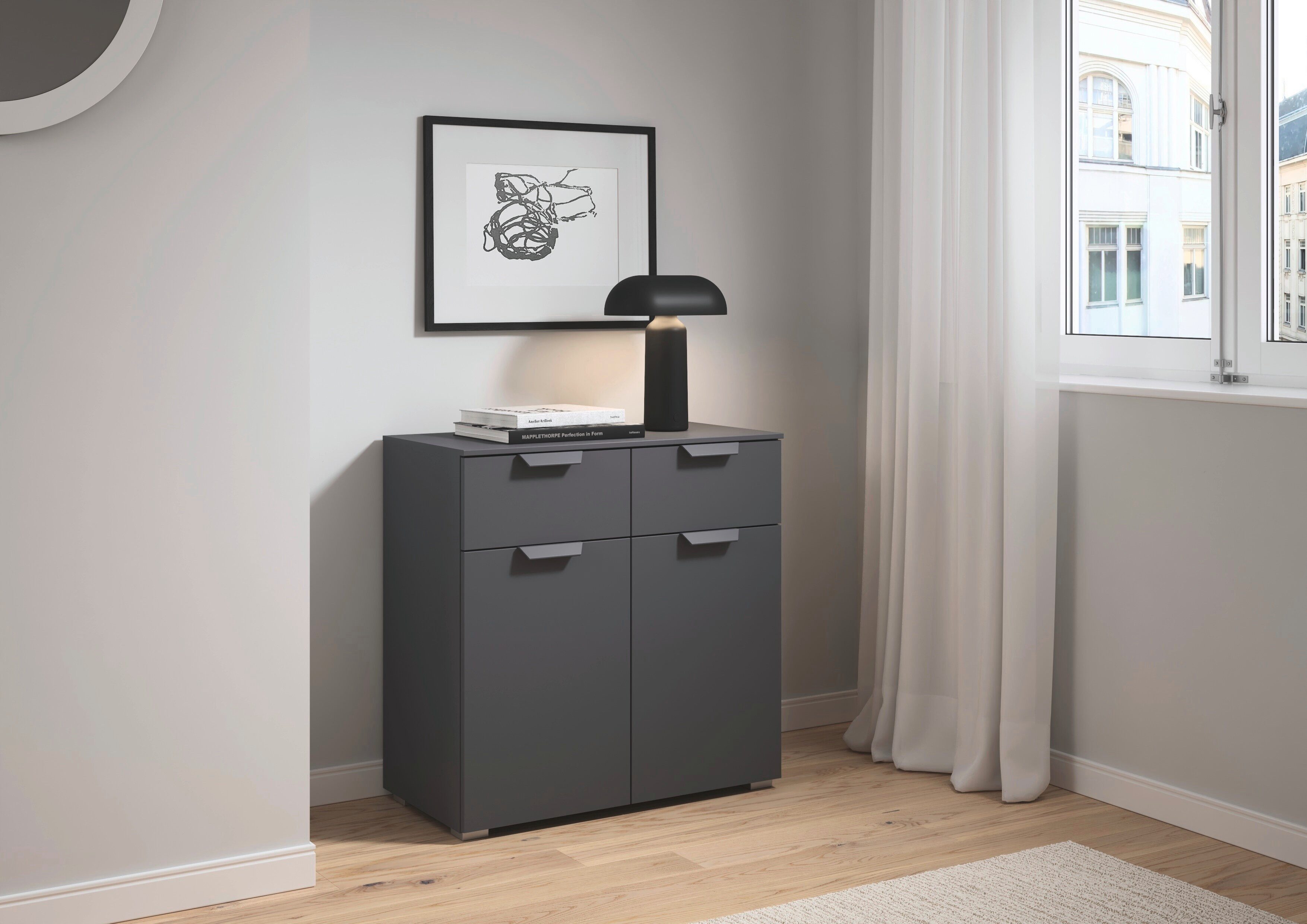 rauch Kombikommode Sideboard Schubladenkommode COSTA mit farblich passenden Metallgriffen (in 2 Griff-Farben, Breite 80 cm), mit 2 Schubladen und 1 verstellbaren Einlegeboden MADE IN GERMANY