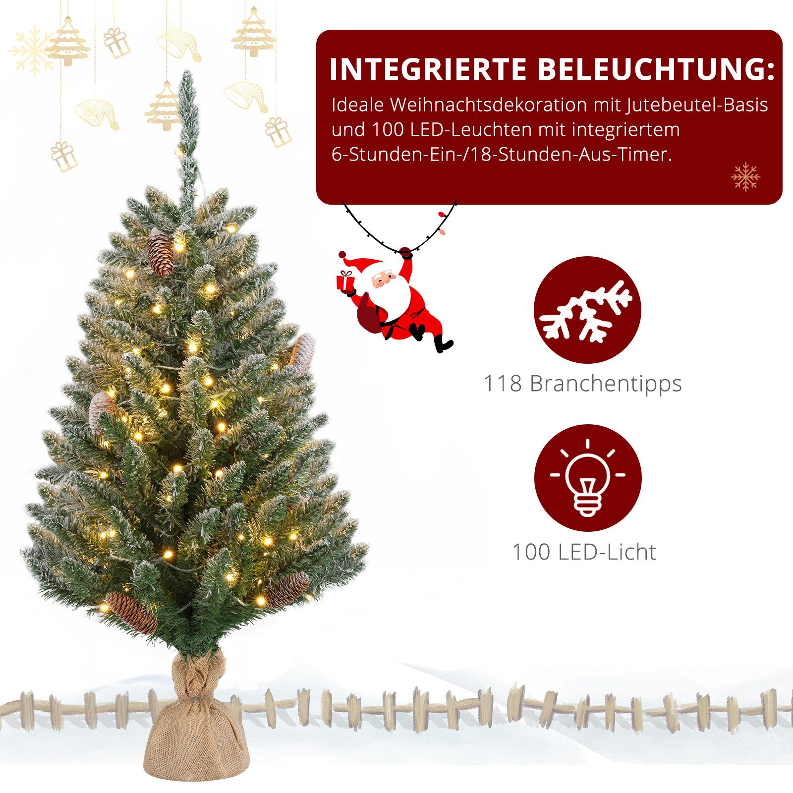 LALAHO Künstlicher Weihnachtsbaum 90cm Mini Künstlicher Tannenbaum mit LED und Kiefernzapfen, Tisch-Weihnachtsbaum mit 118 Zweige, 100 warmweißen LEDs mit 8 Mod – Bild 4 von 5