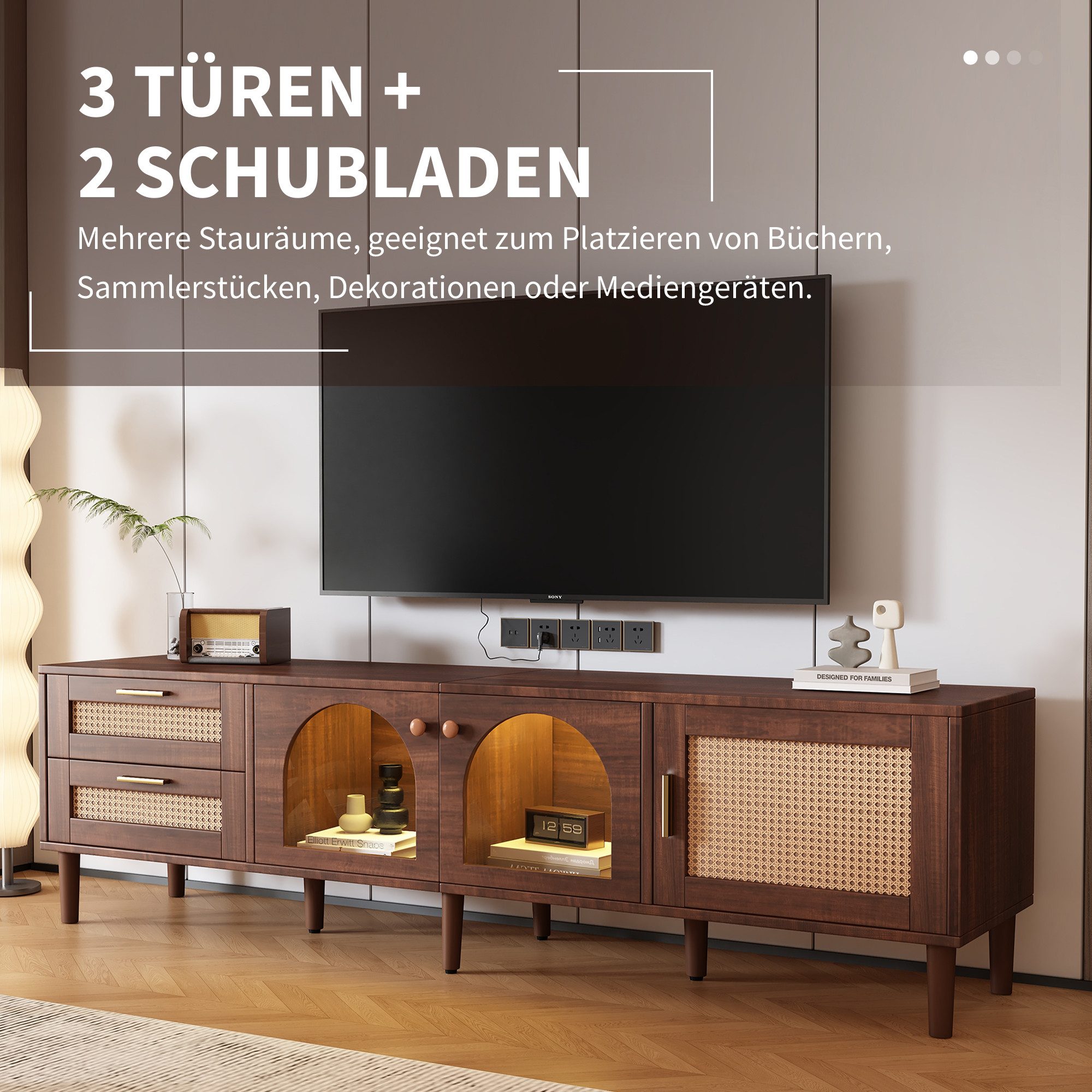Yorbay TV-Schrank Rattan Design,mit LED-Beleuchtung,Braun Lowboard für 80-Zoll-Fernseher Vintage Lowboard mit 2 Rattan-Schubladen und 3 geschlossener Stauräume