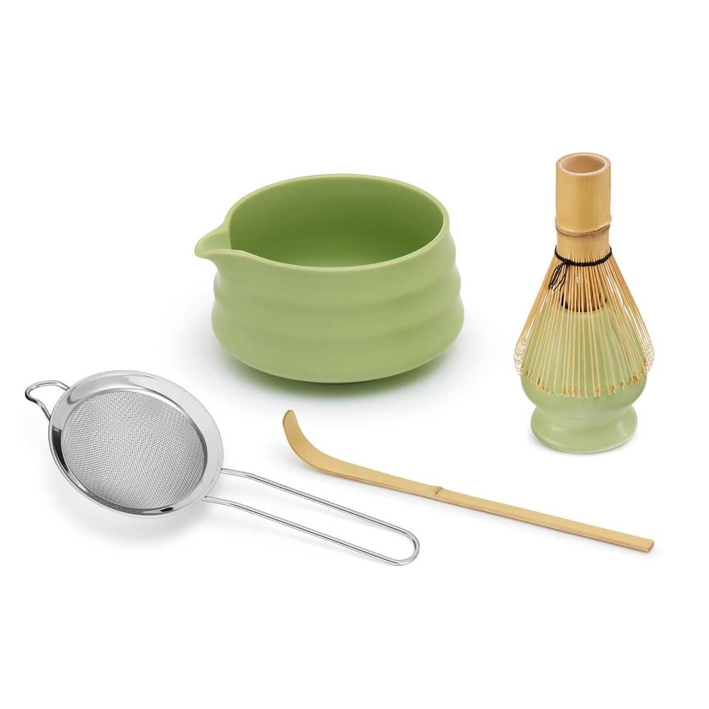 GOURMETmaxx Teeservice Matcha Set Keramik, 5tlg Matcha Tee Set mit Besen, Schale, Löffel etc., Keramik: Schüssel und Besenhalter/ Bambus: Löffel und Besen/ Edelstahl: Sieb, Matcha Keramik Set, easy Matcha Tee zubereiten, Matcha Zubereitung Set