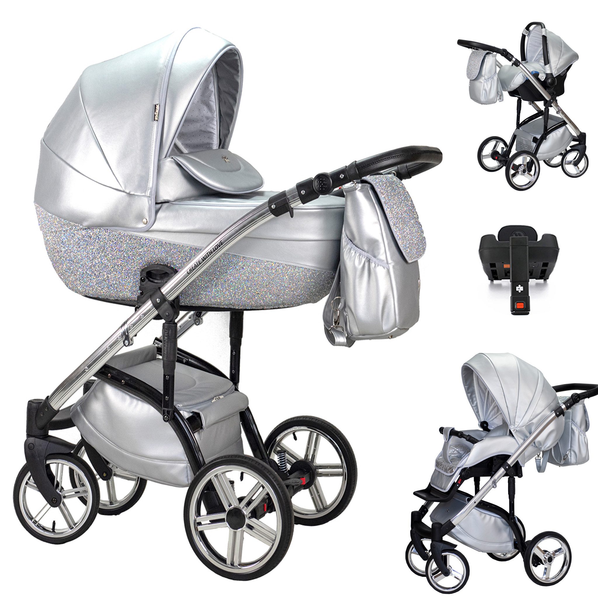 Kombi-Kinderwagen Vip Lux 5 in 1 inkl. Sportsitz, Autositz und Iso Base in 18 Farben