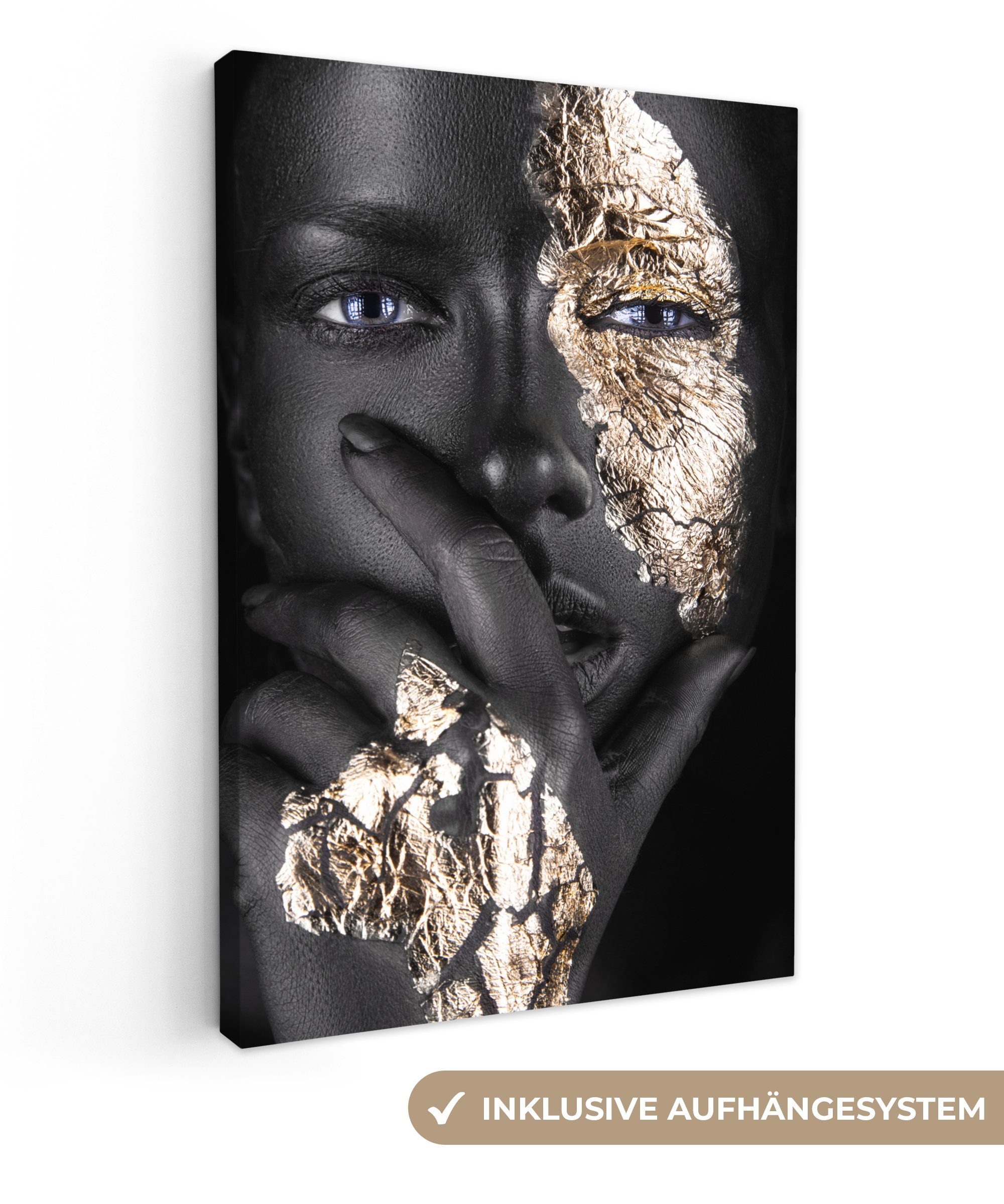 OneMillionCanvasses® Leinwandbild Frau - Gold - Schwarz - Make-up - Luxus, Fotodruck (1 St), Leinwand Canvas Wandbild, Wanddekoration 20x30 cm
