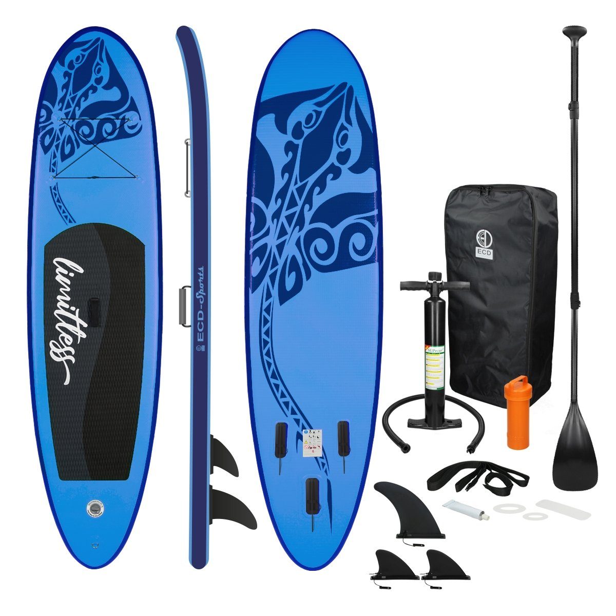 ECD Germany SUP-Board Aufblasbares Stand Up Paddle Board Limitless Paddelboard Surfboard, Blau 308x76x10cm PVC bis 120kg Tragetasche Zubehör Komplett Set