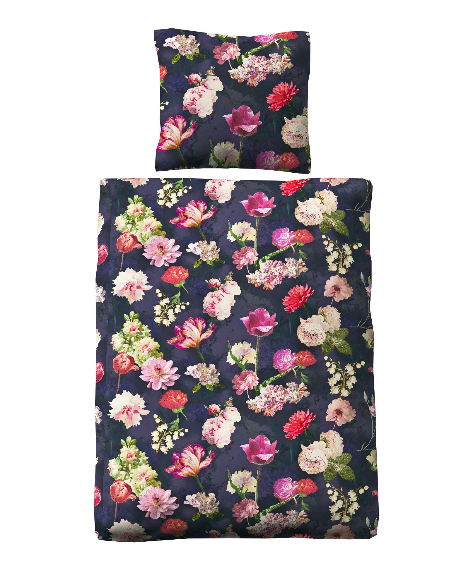 JACK Bettwäsche 135x200cm Blumen Bunt Dunkelblau, Biber, 2 teilig, tolles farbenfrohes Blumendesign mit Reißverschluss