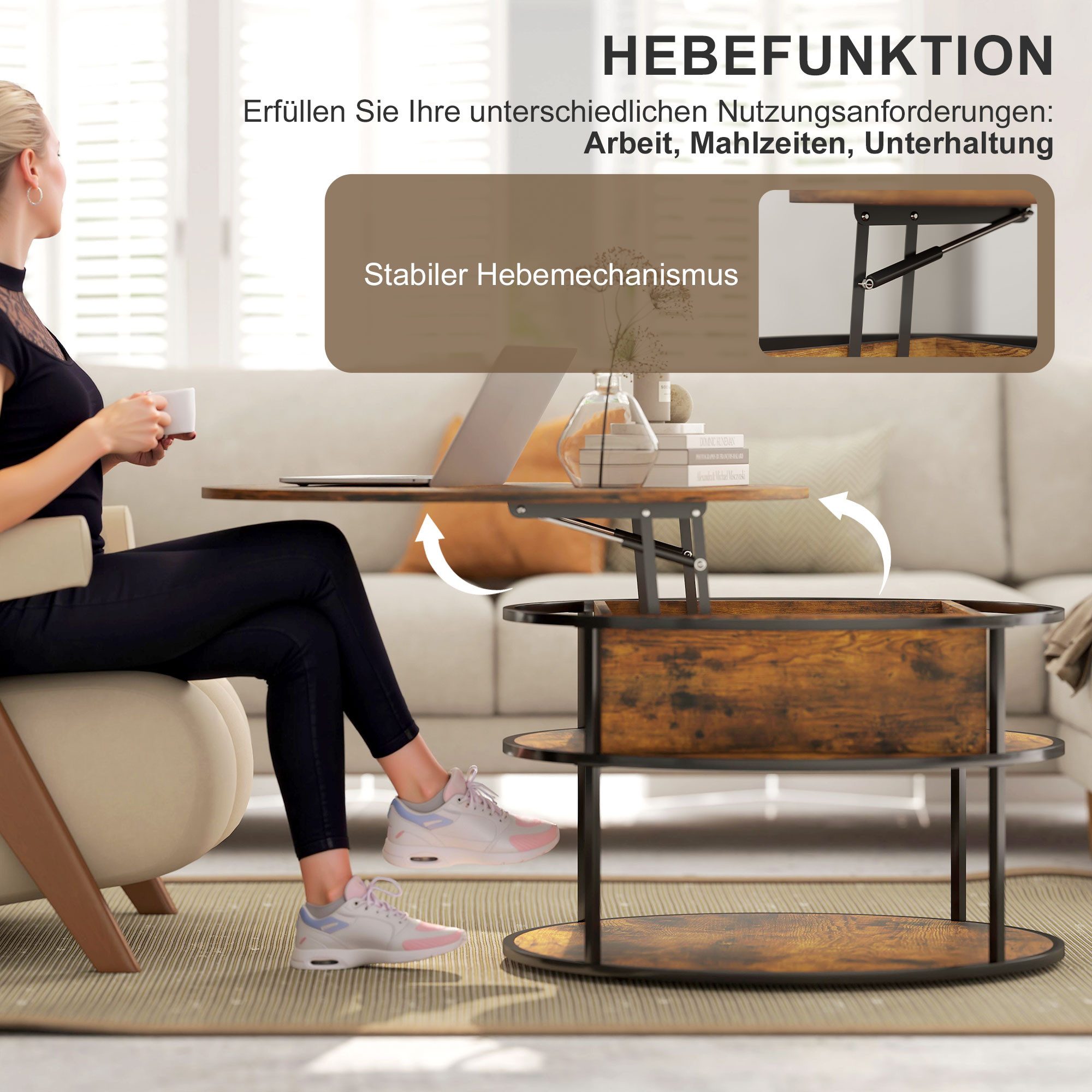 HOMCOM Couchtisch Höhenverstellbar Wohnzimmertisch mit Hebeplatte und Stauraum (runder Tisch mit Ablagefläche, verstecktem Fach, 1-St., für Wohnzimmer, Heimbüro – Bild 4 von 5