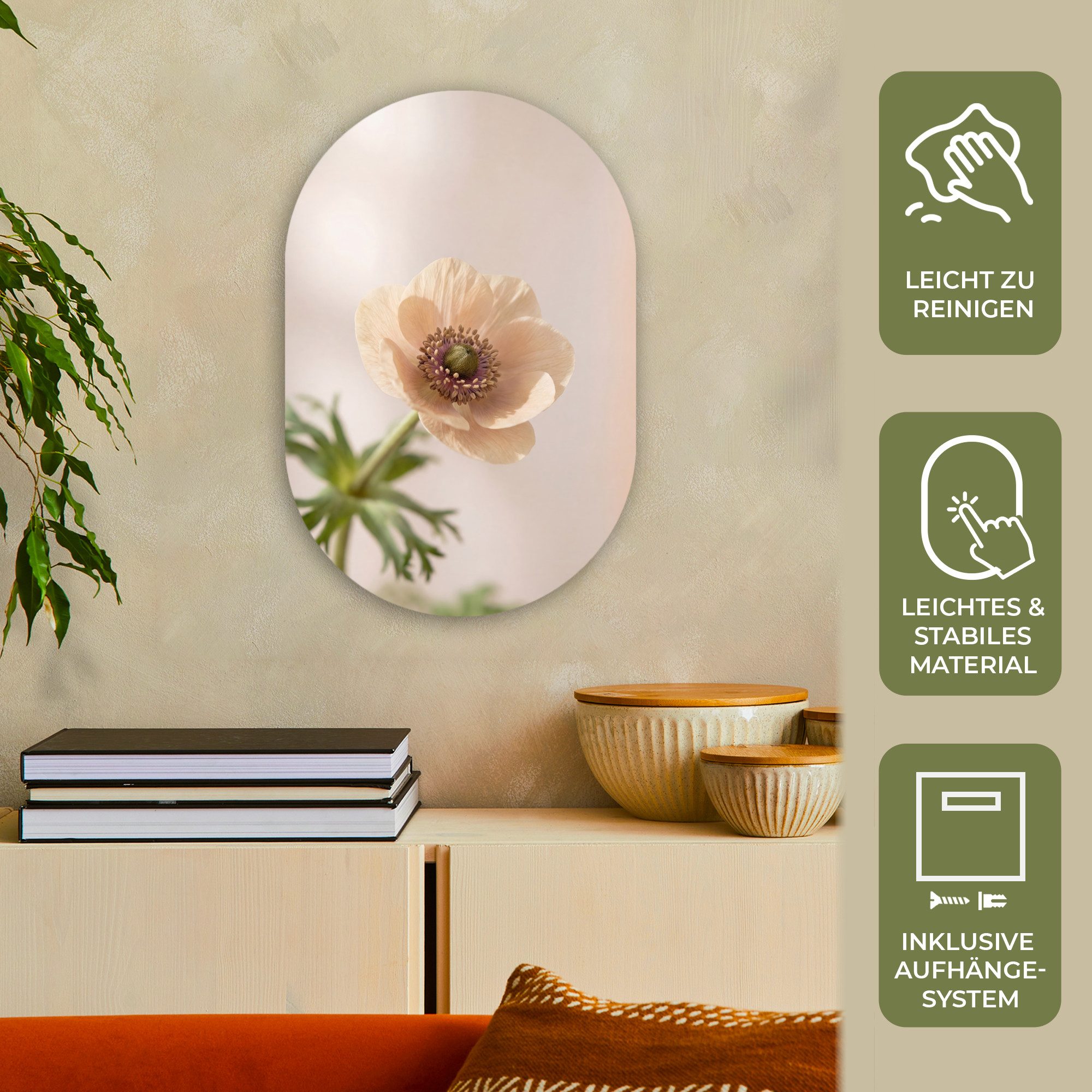 MuchoWow Gemälde Blume - Minimalistisch - Grün, Fotodruck (1 St), Wandbild Oval, Wohnzimmer oder Schlafzimmer Wanddekoration, 40x60 cm
