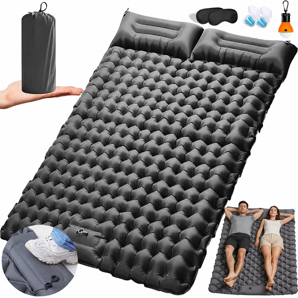 MOPUEA Isomatte Luftmatratze aufblasbare Schlafmatte für Camping Campingmatratze, (für Rucksacktourismus, Wandern, Reisen, Campingbett, Doppelbett mit Campinglampe + 2 Augenmasken + 2 Paar Ohrstöpsel), mit integrierter Fußpumpe
