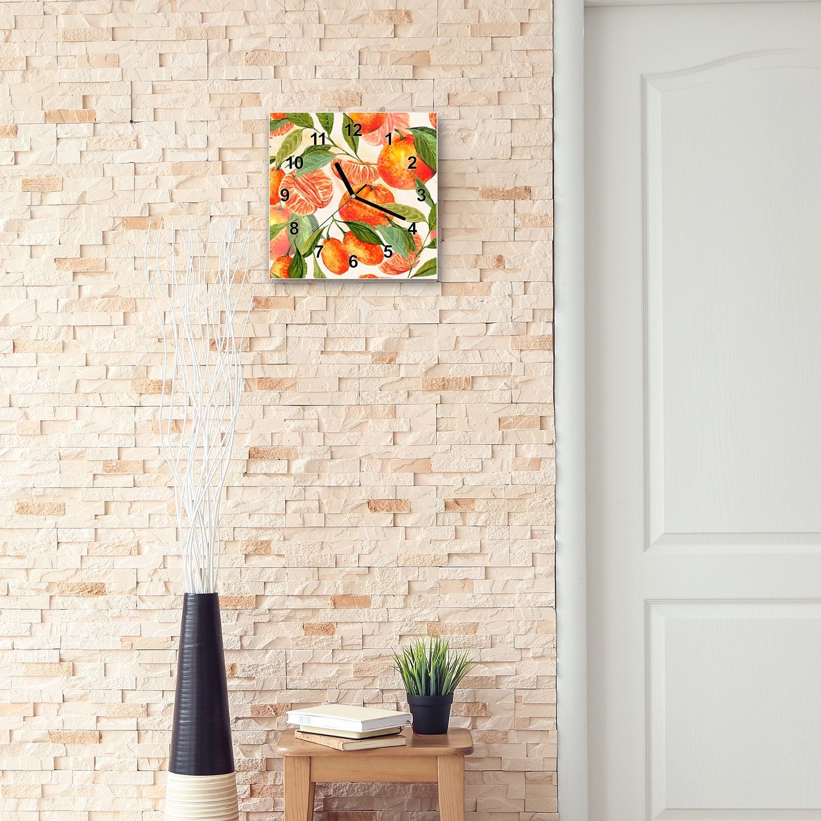 Orangen Primedeco Design Glasuhr cm aus 30 Größe x 30 mit Wandkunst Wanduhr Wanduhr Motiv