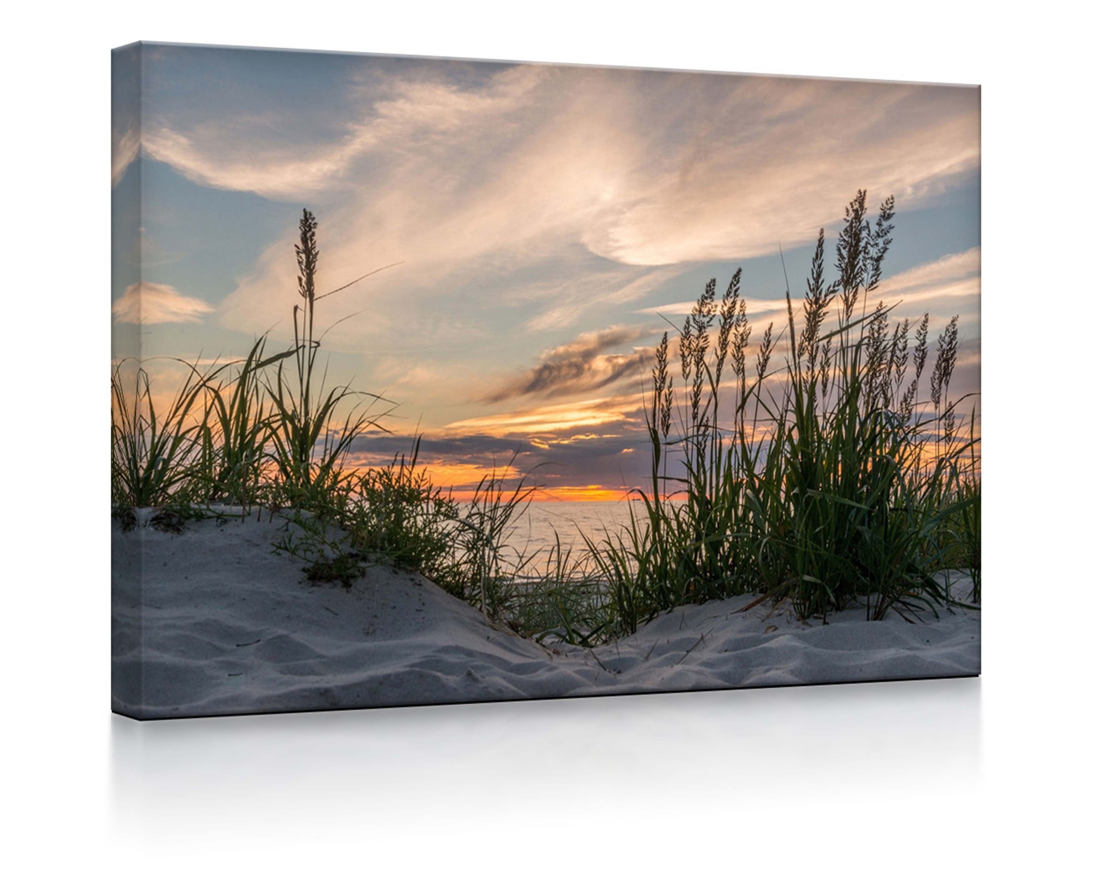LED-Bild Fernbedienung 60x40cm, front Strand Gras lightbox-multicolor am mit / lighted Leuchtbild Sonnenuntergang bei