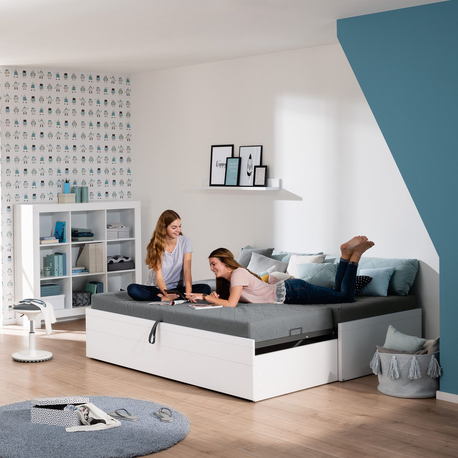 PAIDI Jugendbett FLYNN in verschiedenen Ausführungen, Ausziehbett mit 2 Liegeflächen, Gästebett, Metallgestell inkl. Lattenroste, 2-in-1 Funktionsbett