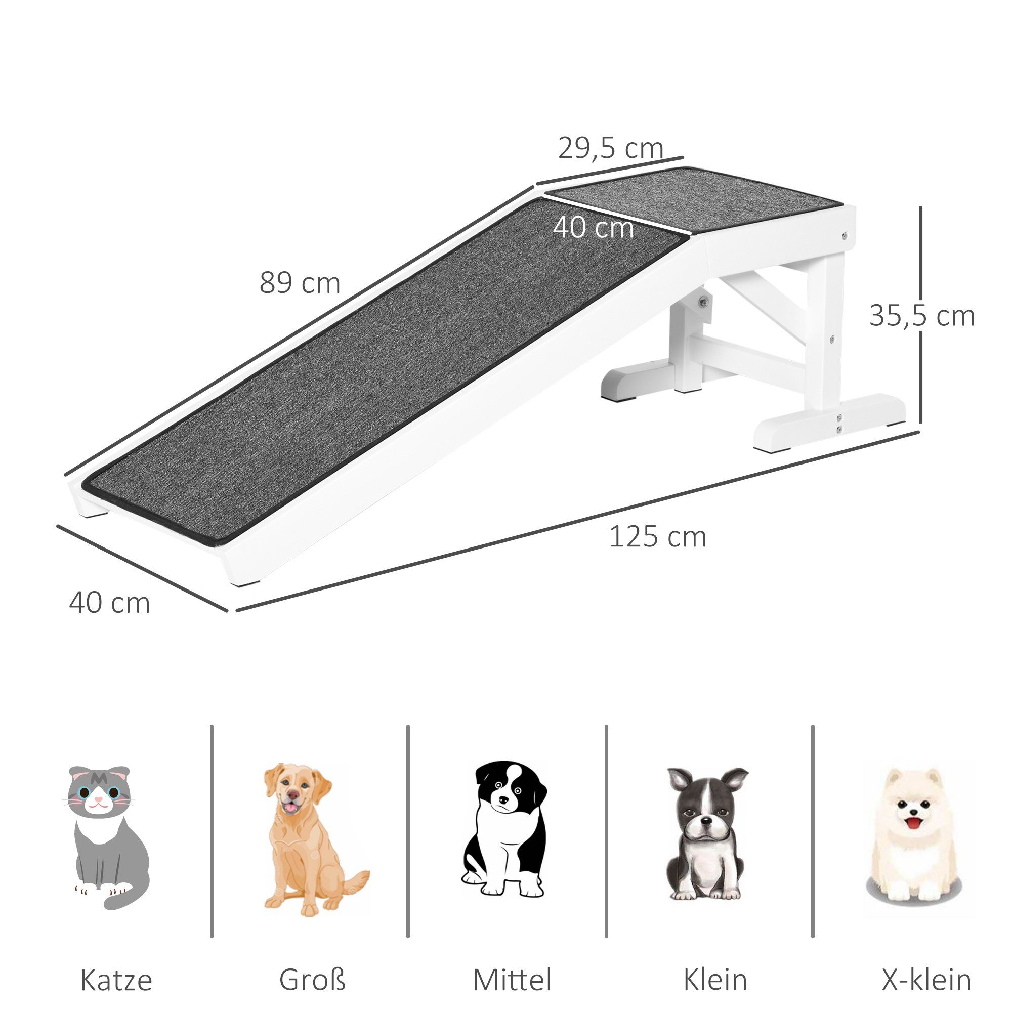 PawHut Hunderampe Hundetreppe mit rutschfestem Teppich, Hundeautorampe, bis 30 kg (Hundeeinstiegshilfe, 1-St., Haustierleiter), Kiefernholz Polyester Weiß+Grau 125 x 40 x 35,5 cm