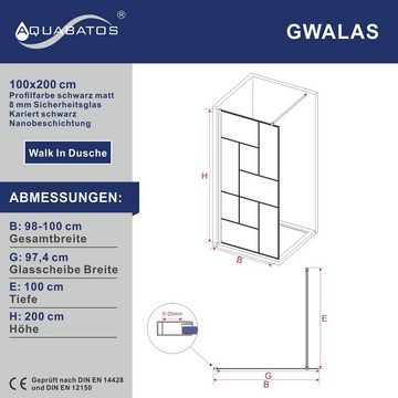 AQUABATOS Walk-in-Dusche Walk In Duschwand matt schwarz Klarglas Duschwand für Dusche, 8 mm Einscheibensicherheitsglas mit Nano Beschichtung, (100x200 120x200 cm Duschabtrennung Glas Nano ESG Echtglas Duschtrennwand für Badewanne Breite wählbar Rahmenlos, Stabilisator aus Edelstahl in schwarz matt,Echtglas,Klarglas), mit Verstellbereich, Nano Beschichtung, barrierefrei