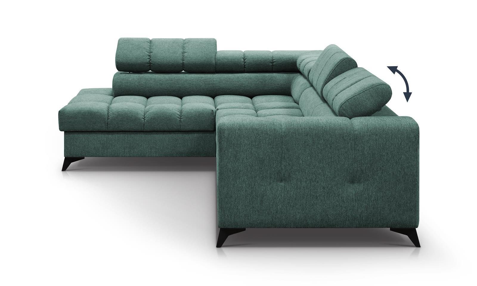 Beautysofa Ecksofa Kopfstützen, mit Schlafecke 14) mit aus Schlaffunktion, Eckcouch für Wohnzimmer, Bettkasten, Velours im Volf, Design, mit Grün modernes verstellbare (polaris