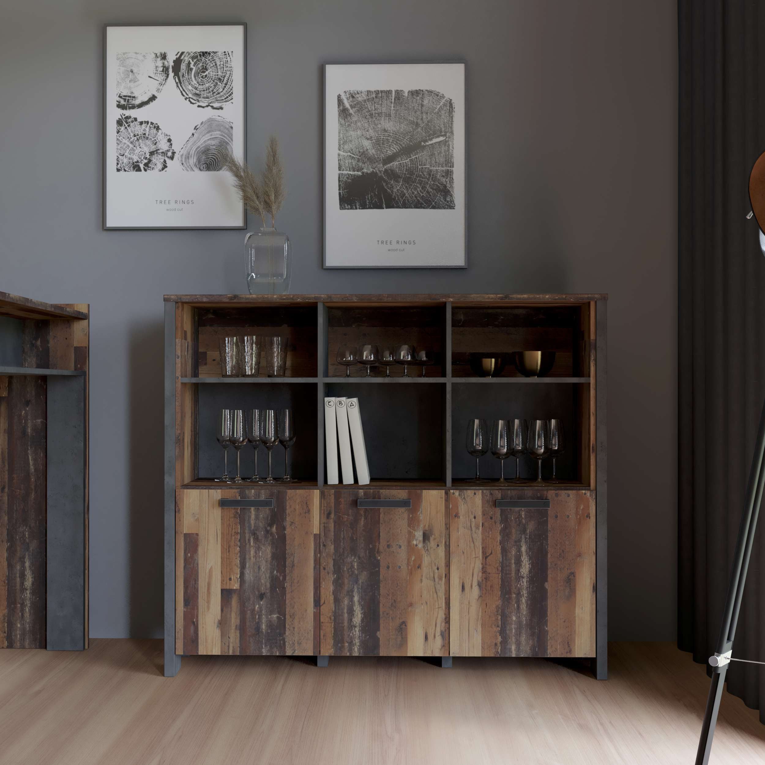 99rooms Standregal Califfo, Sideboard, Kommode, Schrank, mit 6 offene Fächer, viel Stauraum, 3-türig, Modern Design