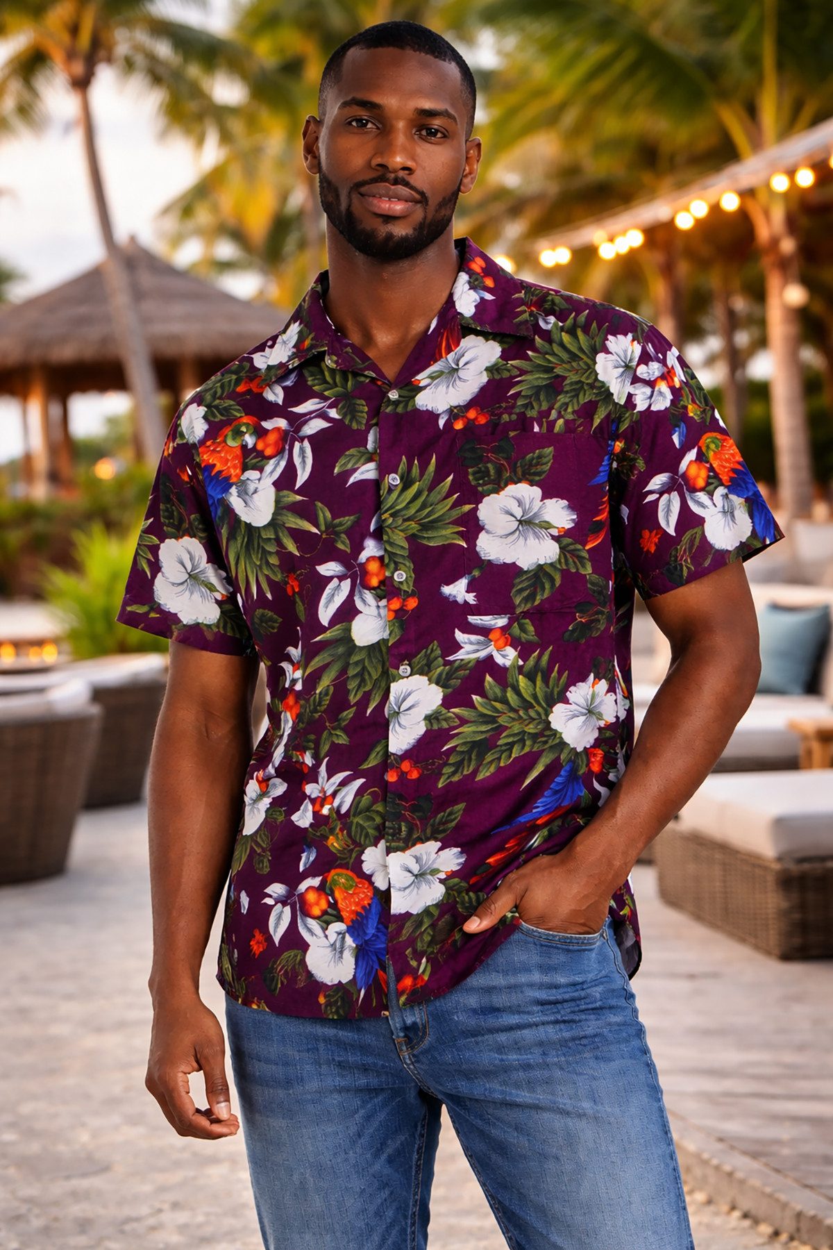 King Kameha Hawaiihemd "Cherry Parrot" Funky Hawaiihemd Herren Kurzarm Fronttasche Sommerhemd
