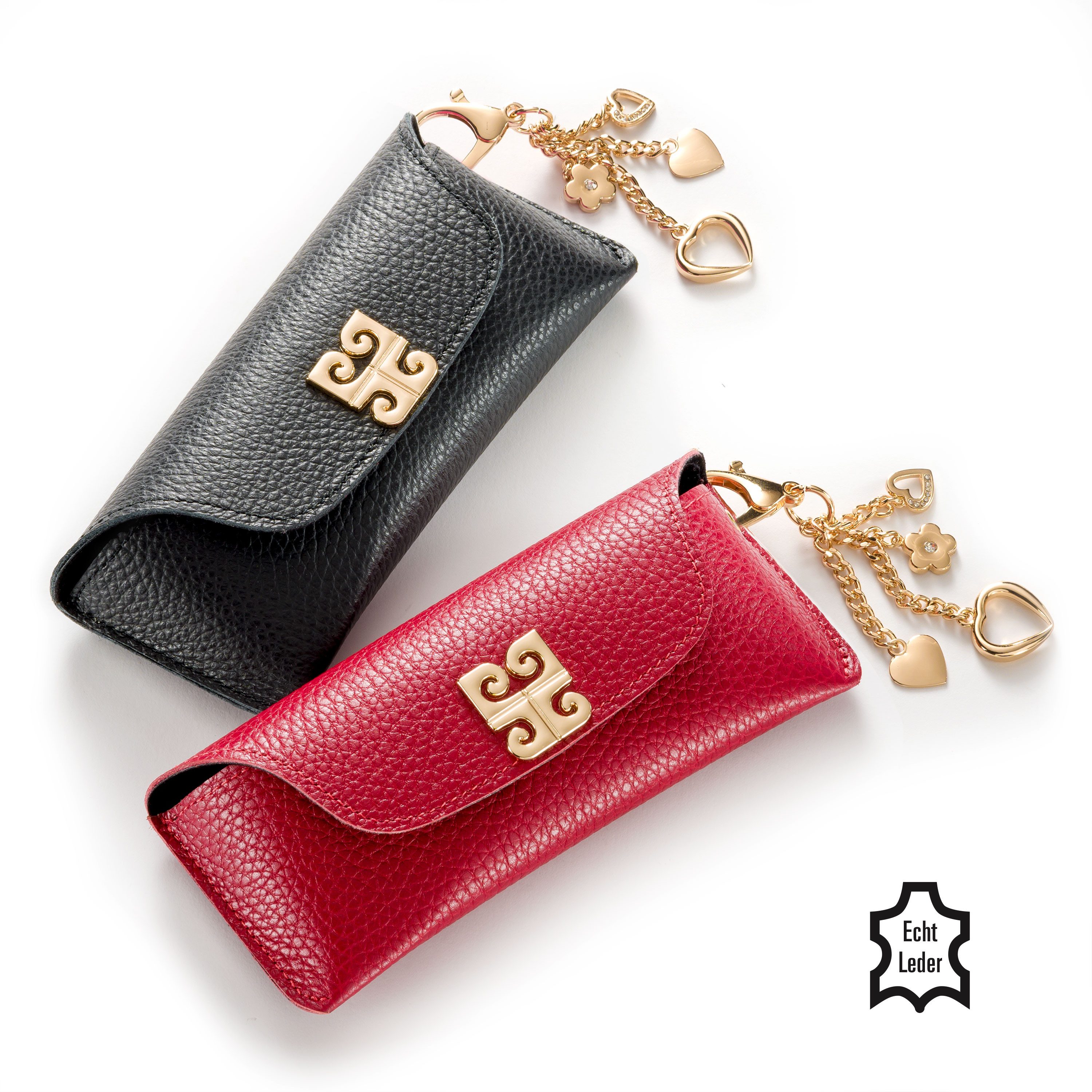 FEFI Brillenetui Echt-Leder mit Anhänger, Exclusive Line, Set aus 1 Etui + hochwertigem Mikrofasertuch