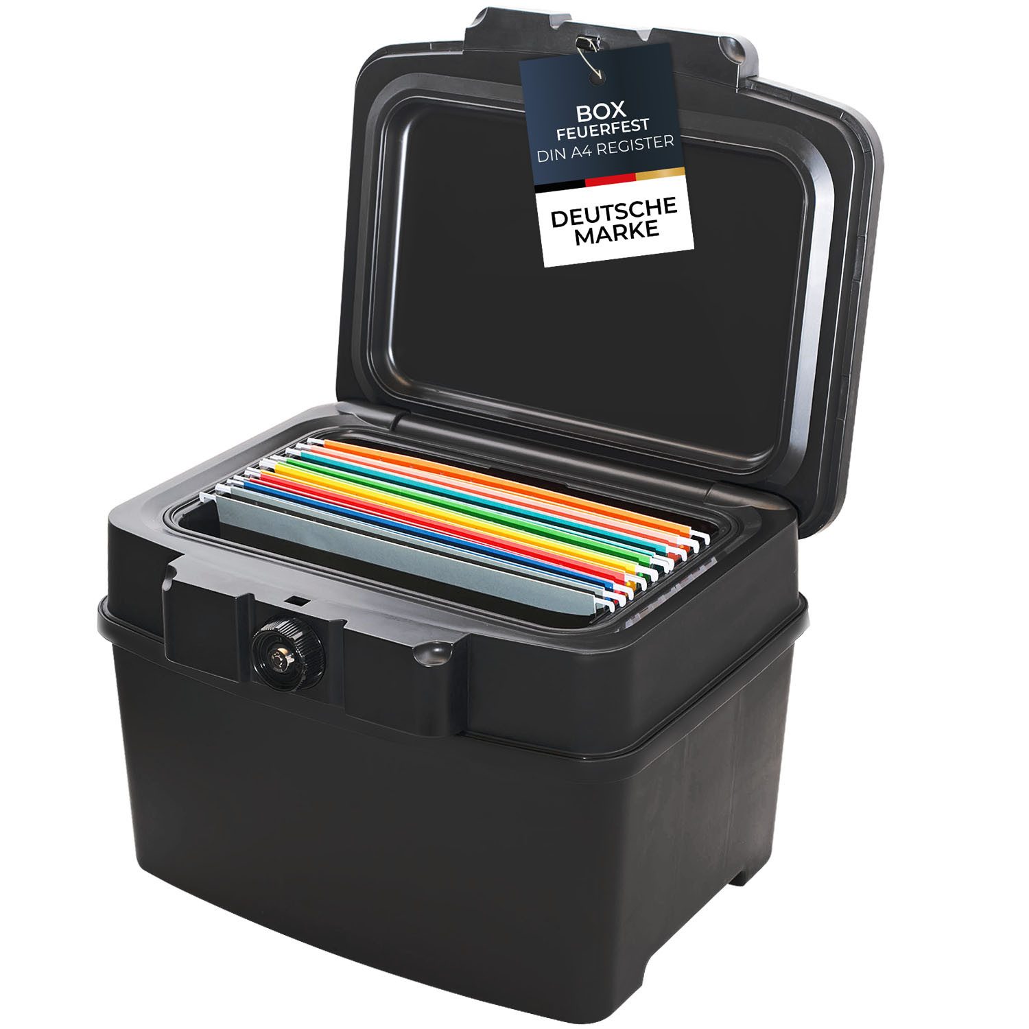 HMF Geldkassette Feuerfeste und wasserdichte Dokumentenkassette, Tresor, zum Schutz von Wertsachen, 44,5x34x37 cm, DIN A4 Register, schwarz