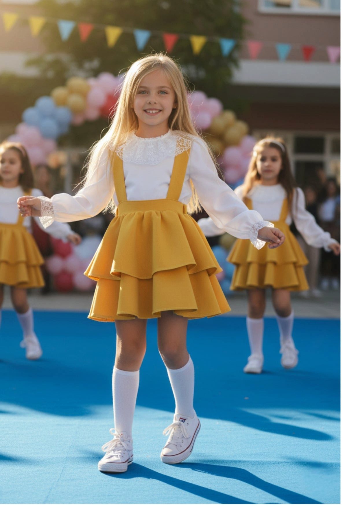 Parla Kids Shirt & Rock Gelbes Kleid mit Trägern dazu weiße langarm Bluse mit Spitzendetails