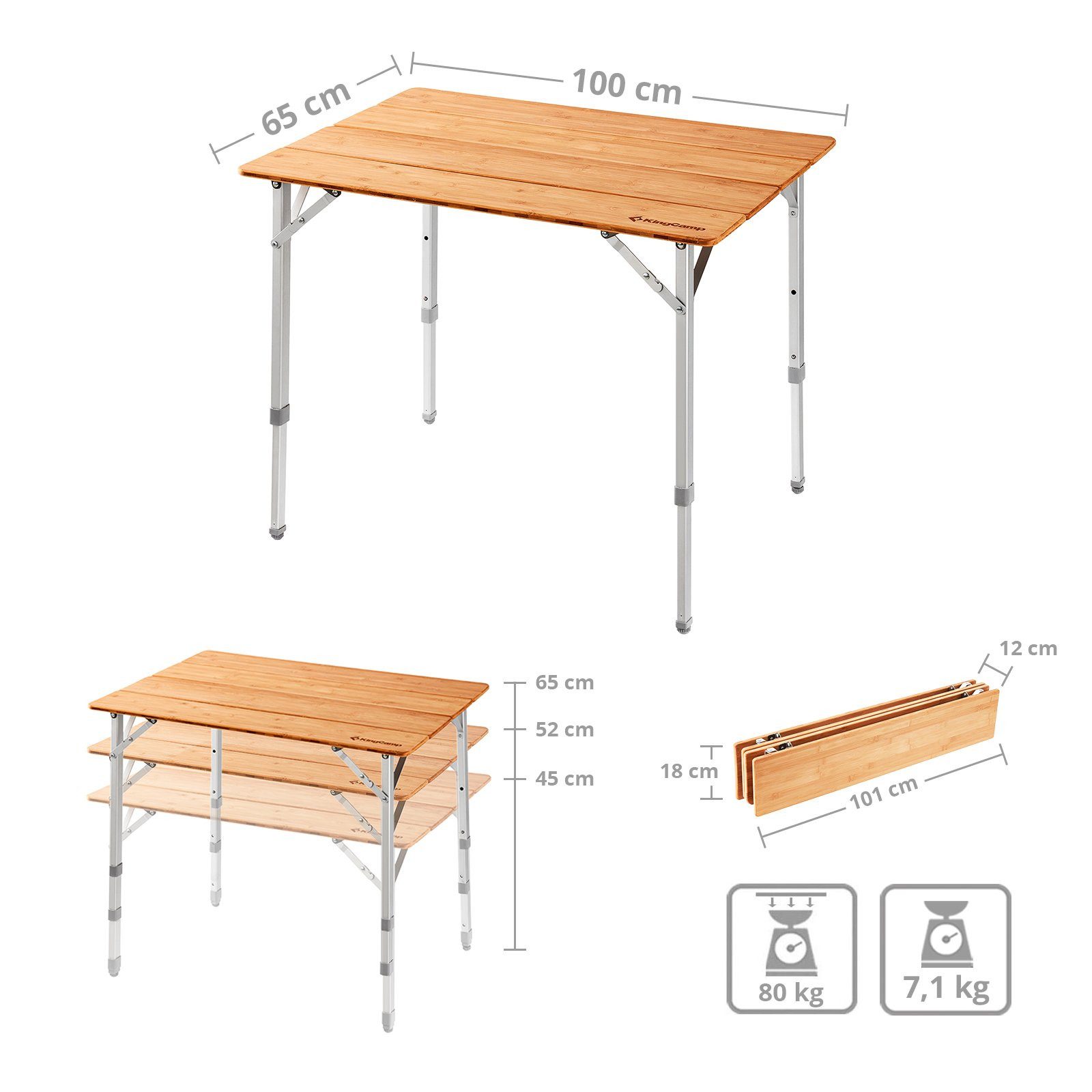 KingCamp Campingtisch Bambus Campingtisch Falt Tisch - Camping Klapptisc
