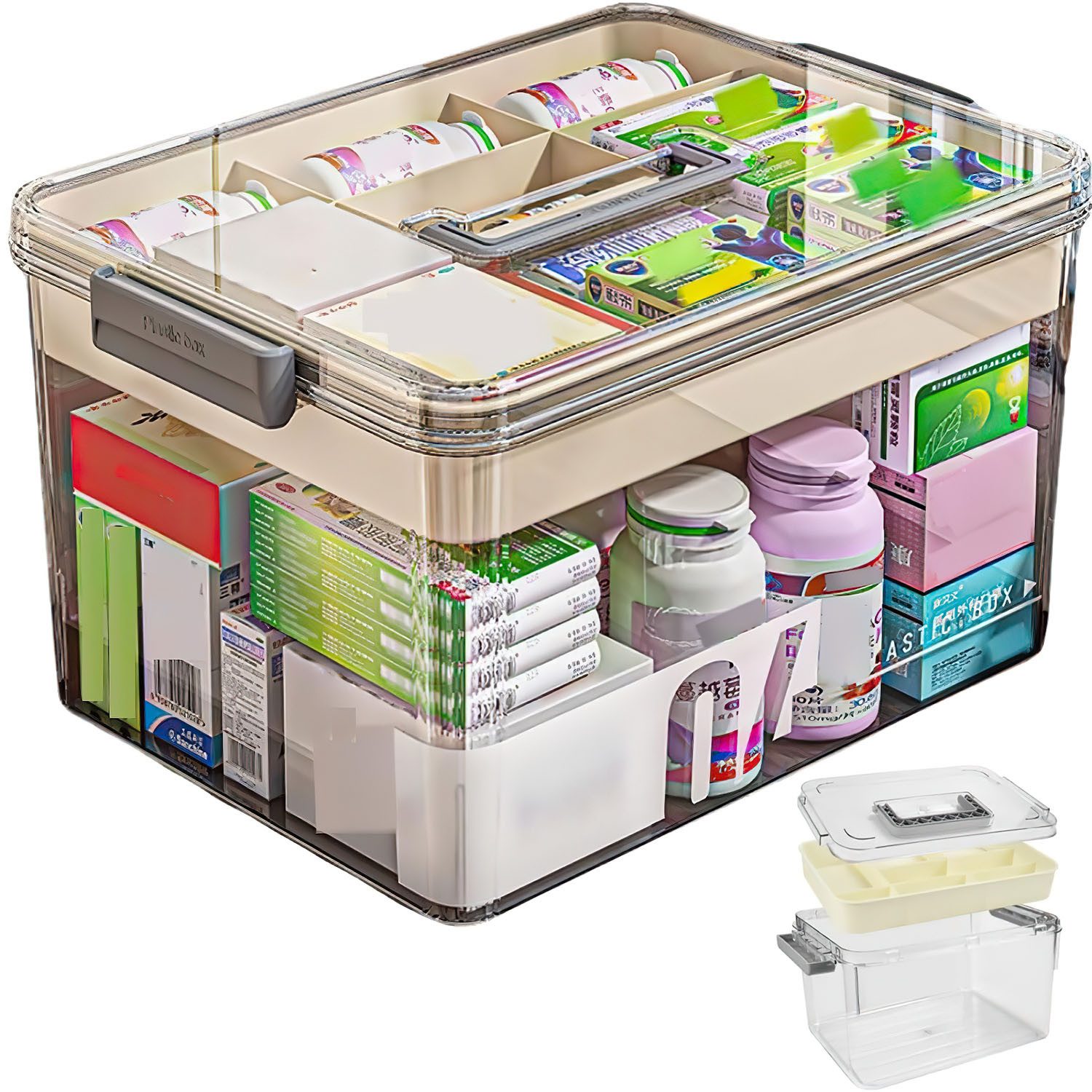 HEYHIPPO Stapelbox Handliche Medikamentenbox mit 2 Etagen, groß und praktisch für Zuhause (Aufbewahrungsbox aus verdicktem PET-Material, Размер 28 x 21 x 17 cm), Tragbare Aufbewahrungsbox für den Haushalt, transparent und sichtbar