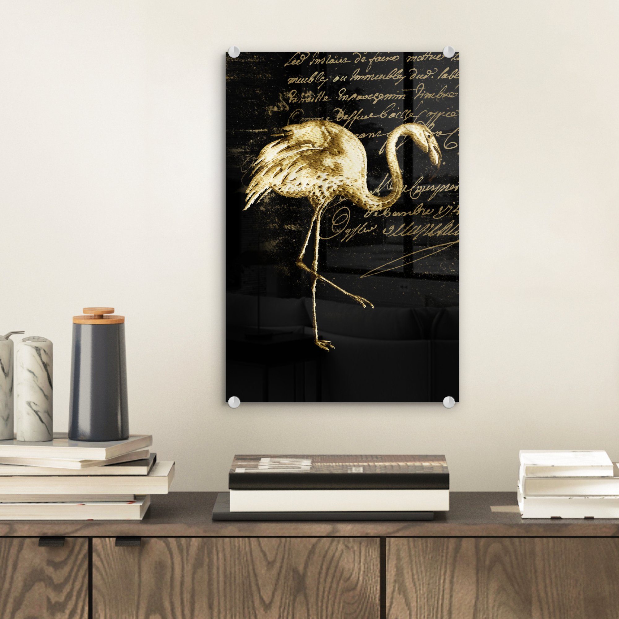 MuchoWow Acrylglasbild Flamingo Foto Wandbild - auf Glas - Illustration - Glas St), Gold, Wanddekoration auf (1 - Glasbilder bunt - Bilder