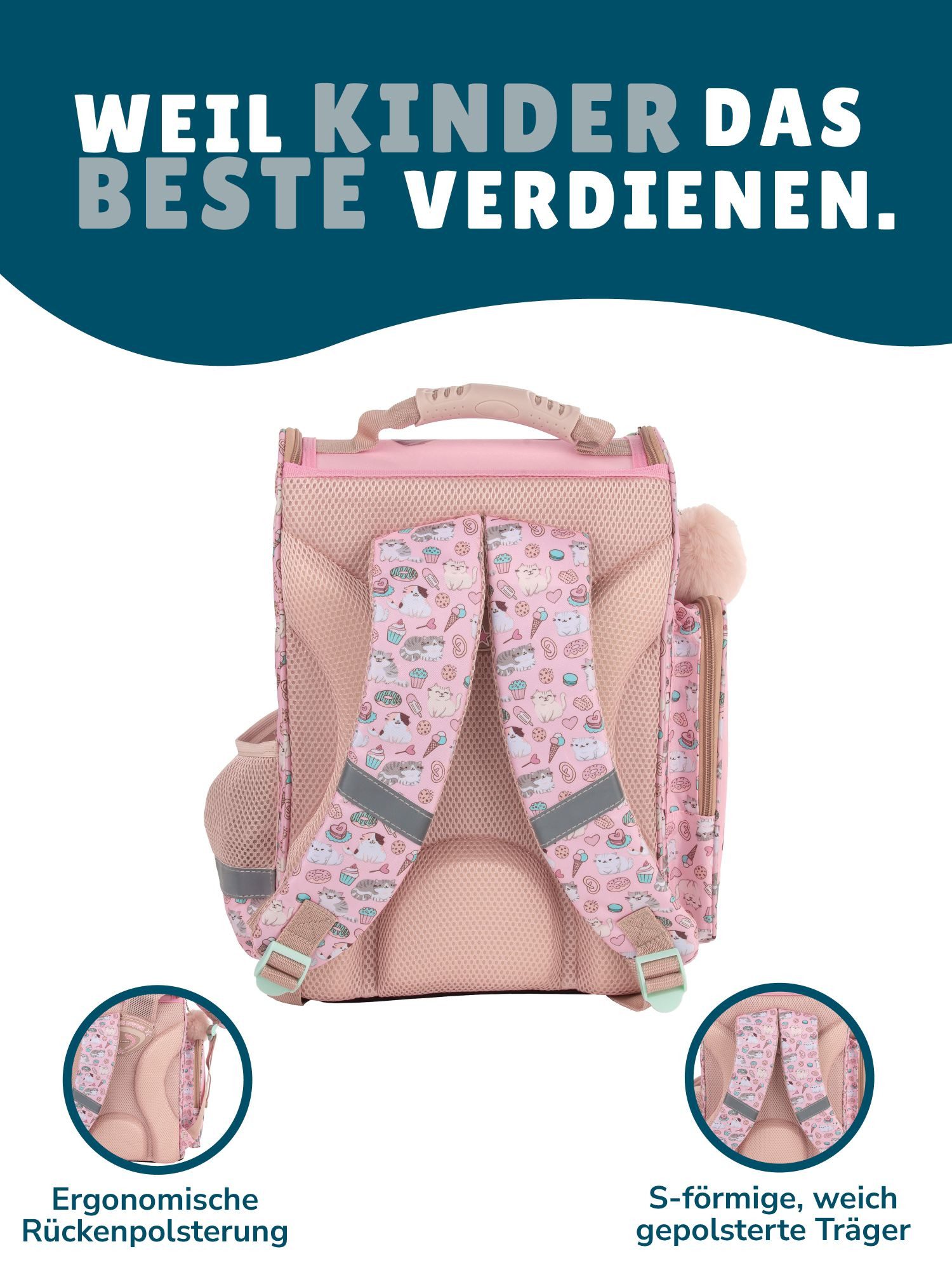 Familando Schulranzen Sweet Kitty Katze Schultasche, rosa, für Mädchen 1. bis 4. Klasse (Set, 8-tlg., inkl. Federmappe, Lunch-Set und Sporttasche), ergonomisch, – Bild 4 von 5
