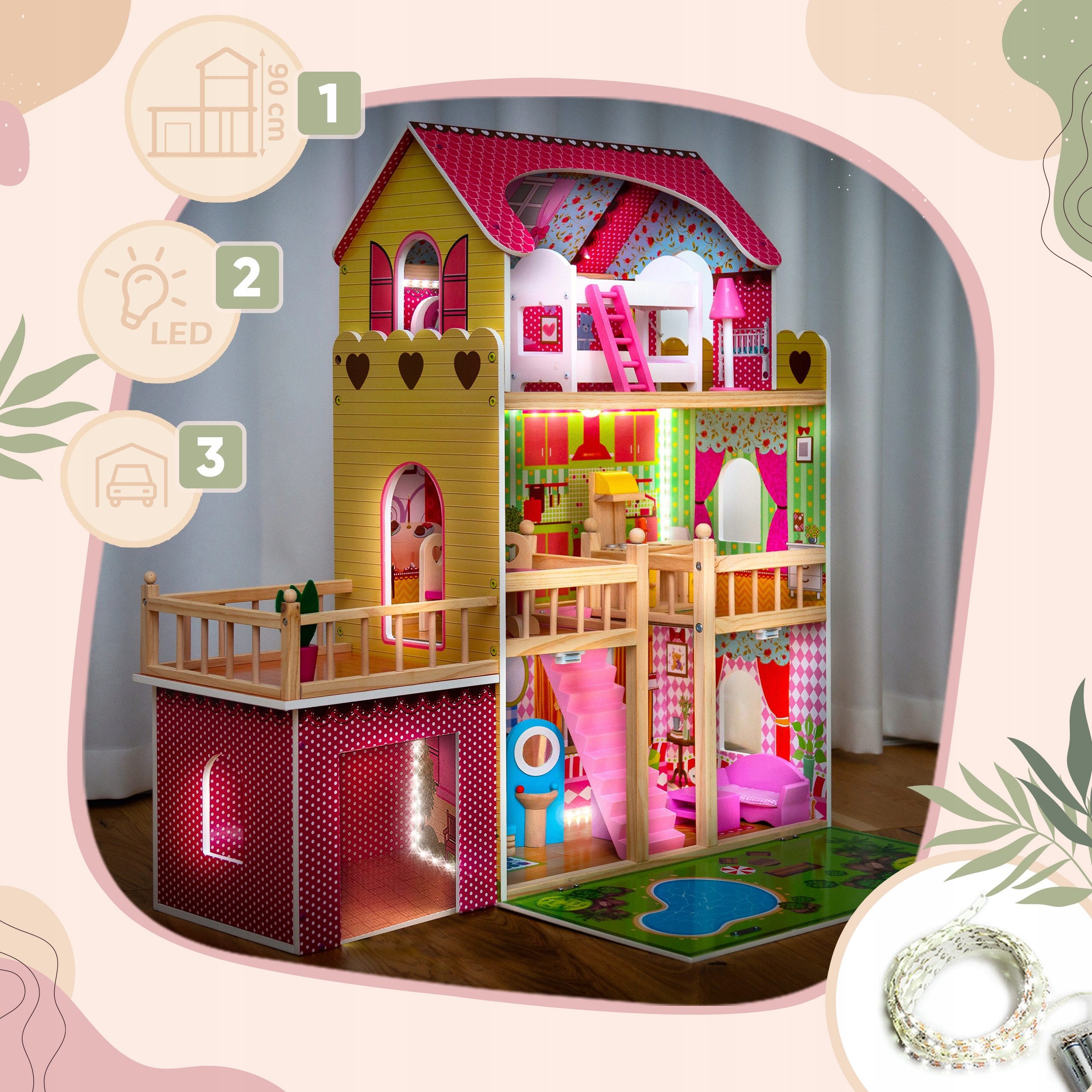 Kinderplay Dolls & Strollers Dollhouse Wooden Villa – 3 Floors with LED Lights – Playhouse with Garage