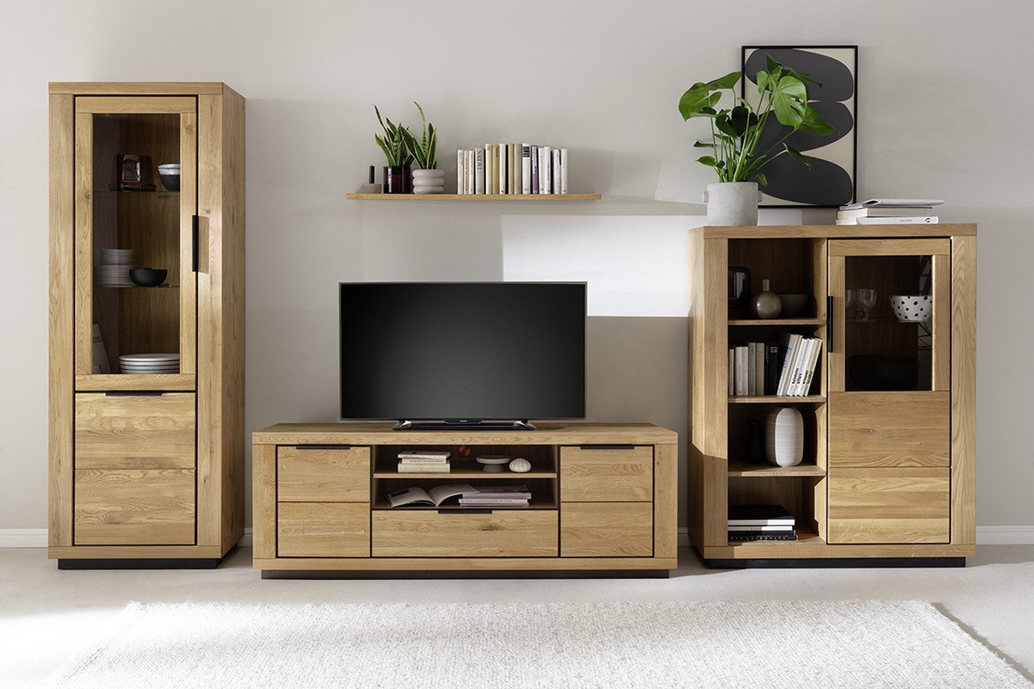 freiraum Wohnwand GRENO, in natur geölt, Wildeiche teilmassiv - 407x200x54cm (BxHxT)