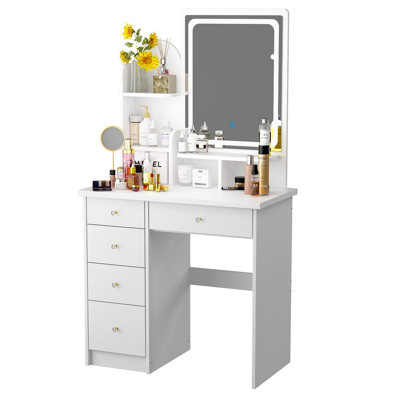FUFU&GAGA Schminktisch mit LED und Hocker,5 Schubladen,3 offene Fächer, wei günstig online kaufen