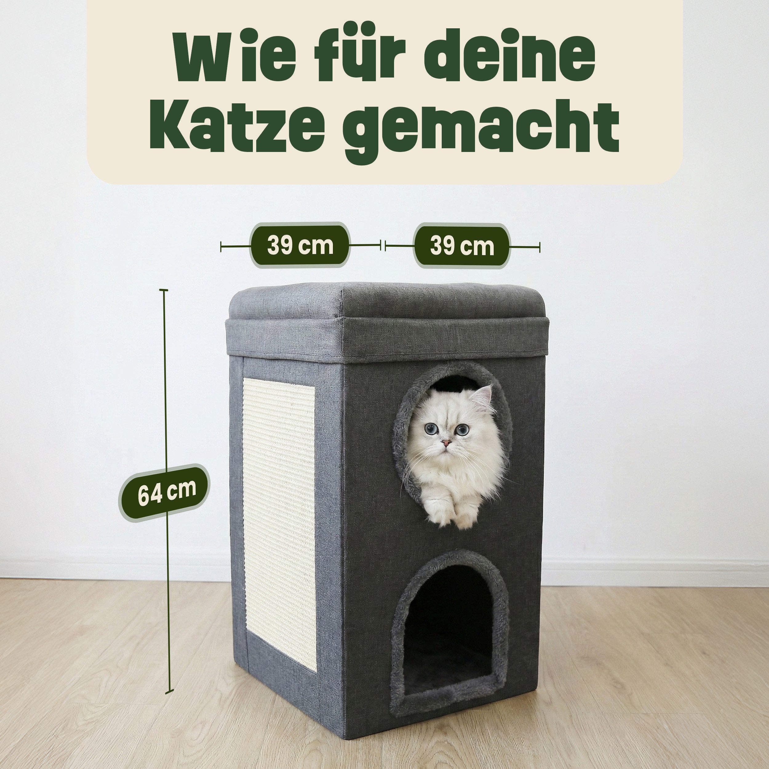 Zooprinz Katzenhaus Katzenhöhle Mona,Kratzfläche, Wendekissen, faltbar, zweistöckig, 39 × 39 × 64 cm, Anti-Rutsch-Boden, Leinenstoff, Grau