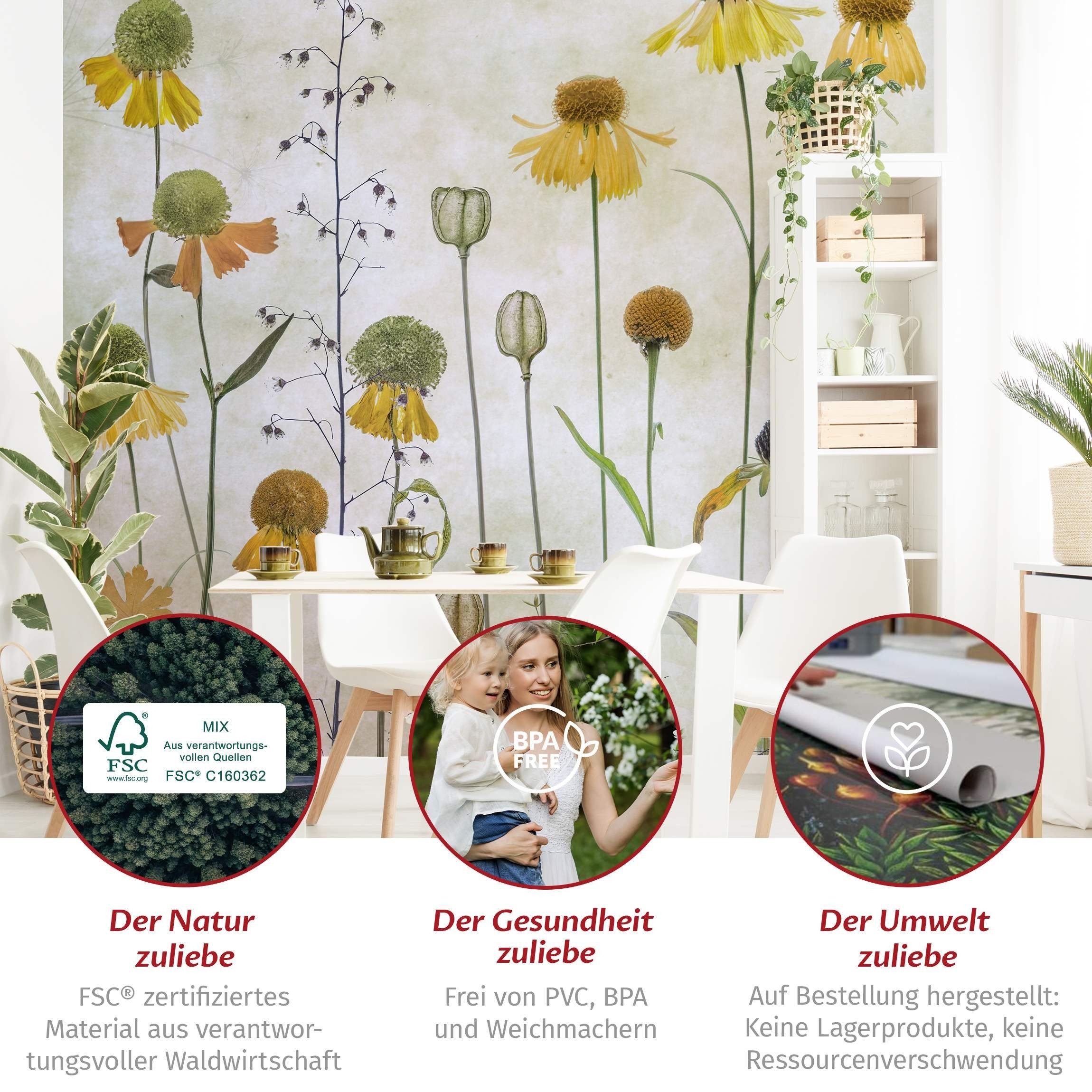 Bilderdepot24 Fototapete Blumen Helenium Blüten Blumentapete Floral Natur Vintage Kunst Gelb, Glatt, Matt, (Vliestapete inkl. Kleister oder selbstklebend), Wohnzimmer Schlafzimmer Küche Flur Motivtapete Vliestapete Wandtapete