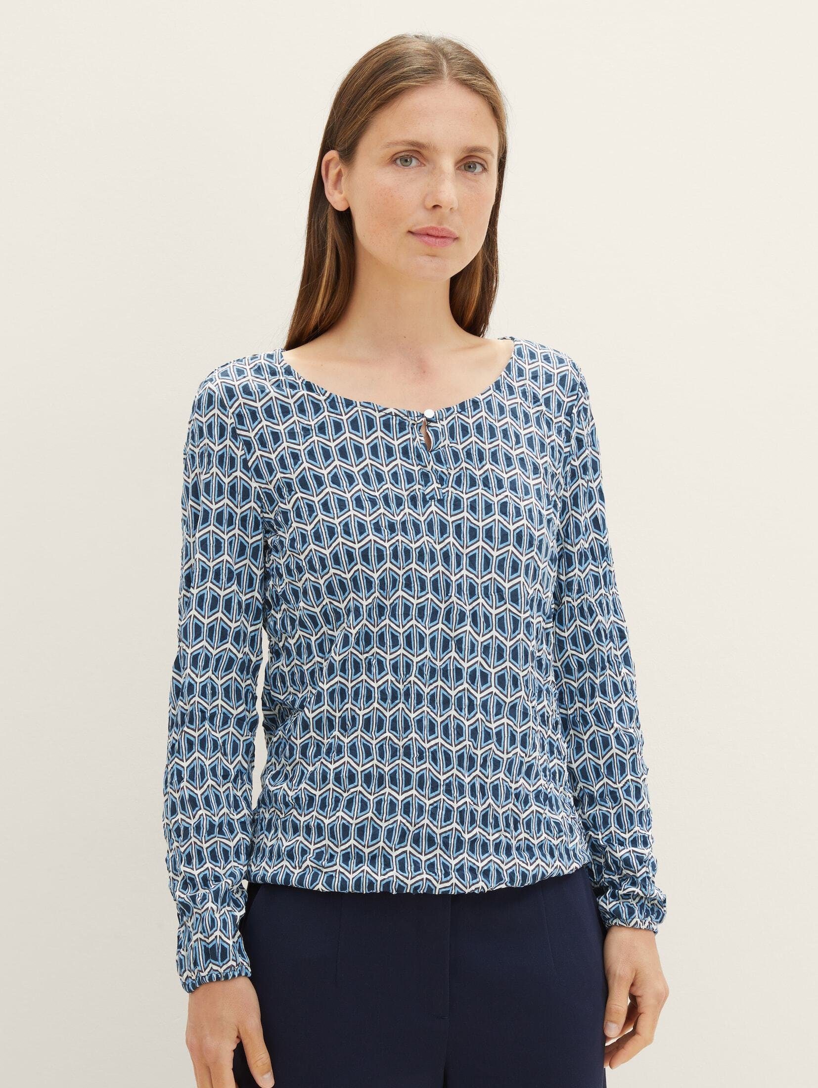 TOM TAILOR T-Shirt Langarmshirt mit recyceltem Polyester blue brown geometrics print