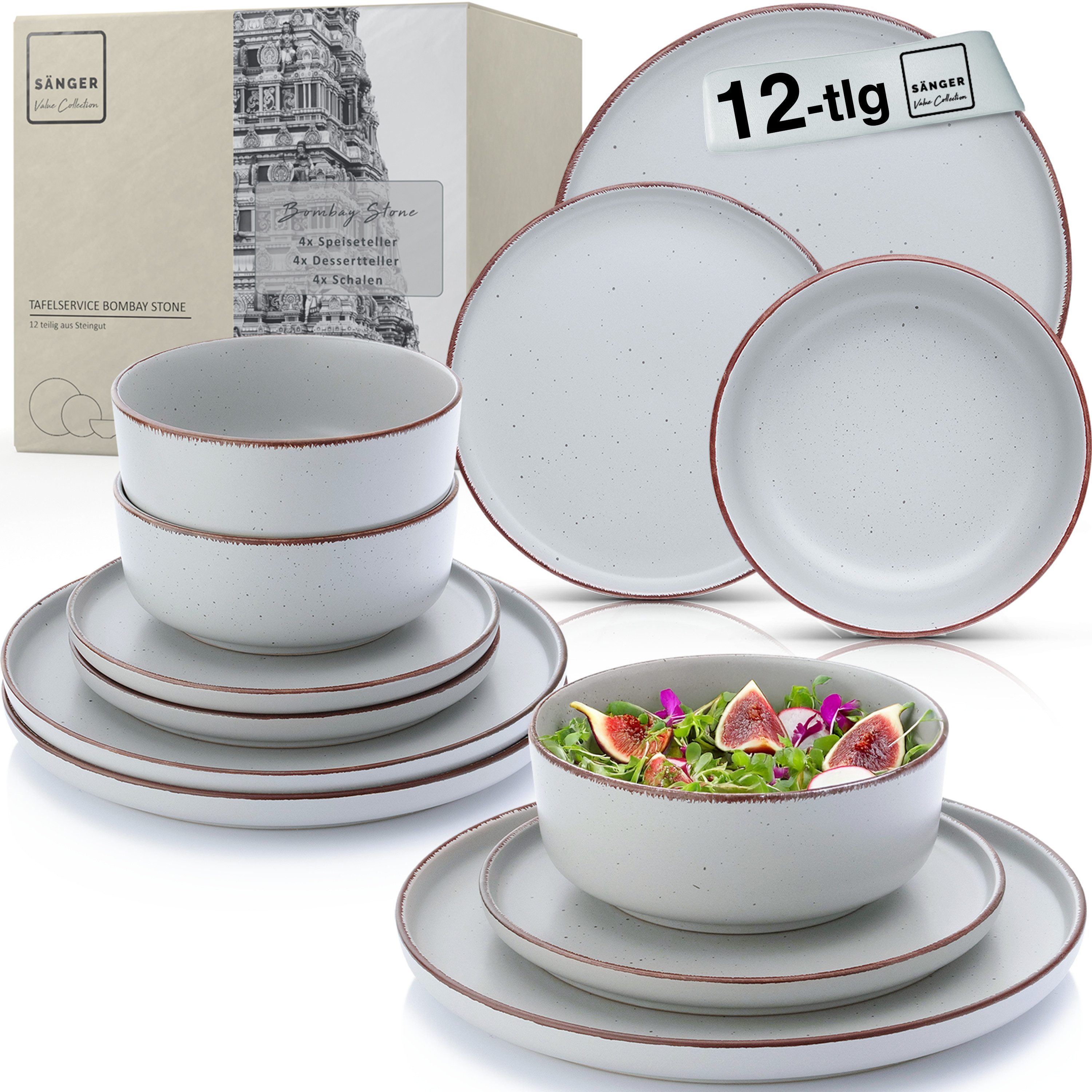 SÄNGER Geschirr-Set Bombay (12-tlg), 4 Personen, Steingut, Bombay Stone, Handmade, Erweiterbar, VALUE COLLECTION