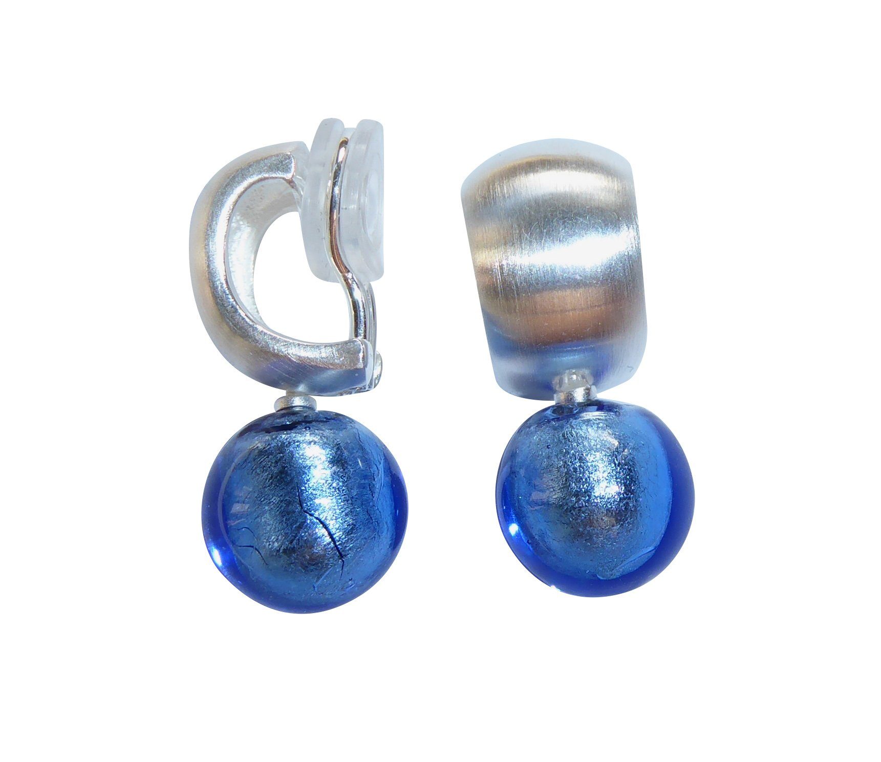 Mugello Paar Ohrclips Murano Clips Creole taubenblau Sterlingsilber hochwertig chic, Creole Goldschmiedearbeit aus Deutschland, Perle echtes Muranoglas