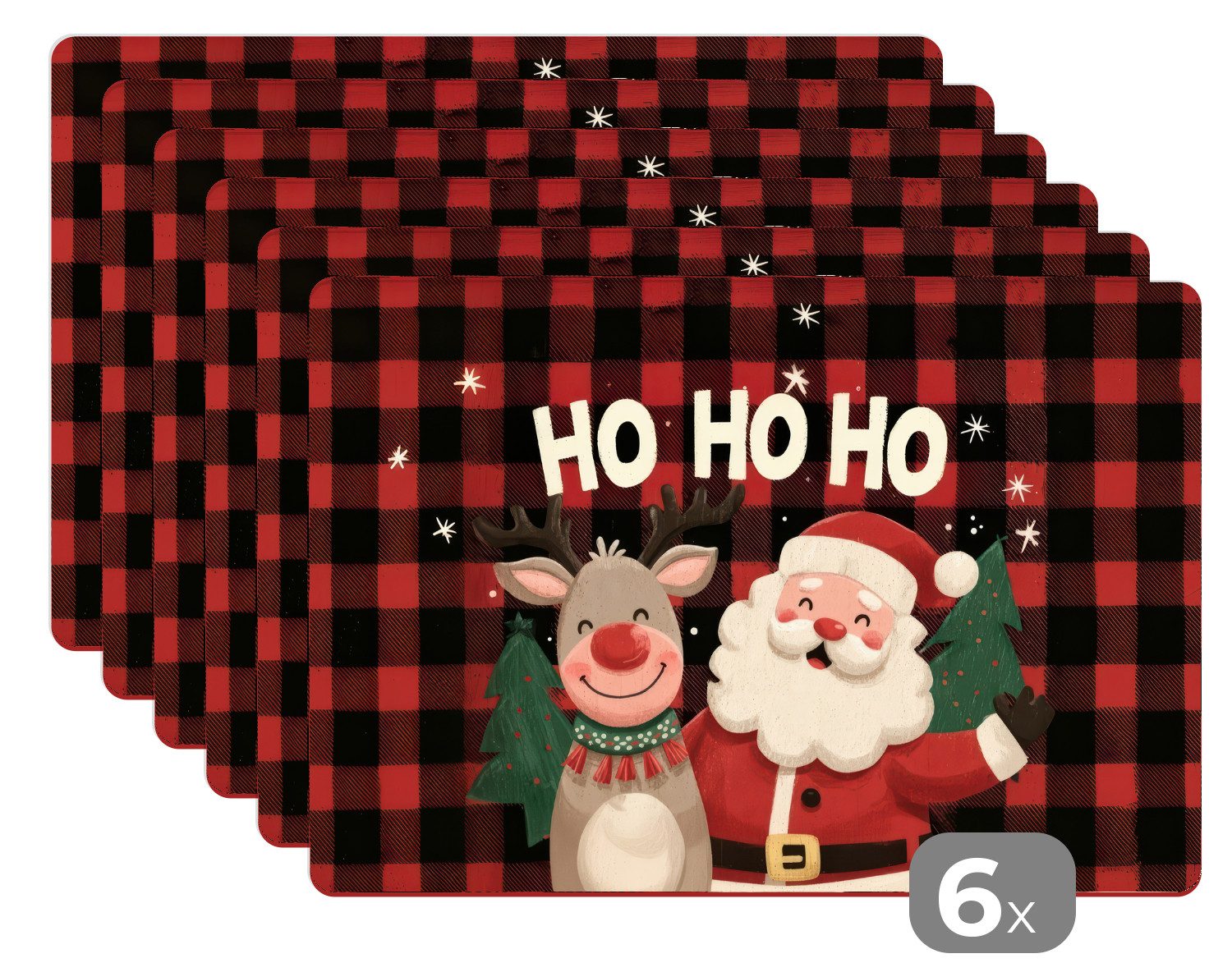 MuchoWow Platzset Weihnachtsmann - Rentier - Text - Rot - Schwarz, (6-St), Platzsets, Tischset, Abwaschbar, Tischsets, Platzdeckchen