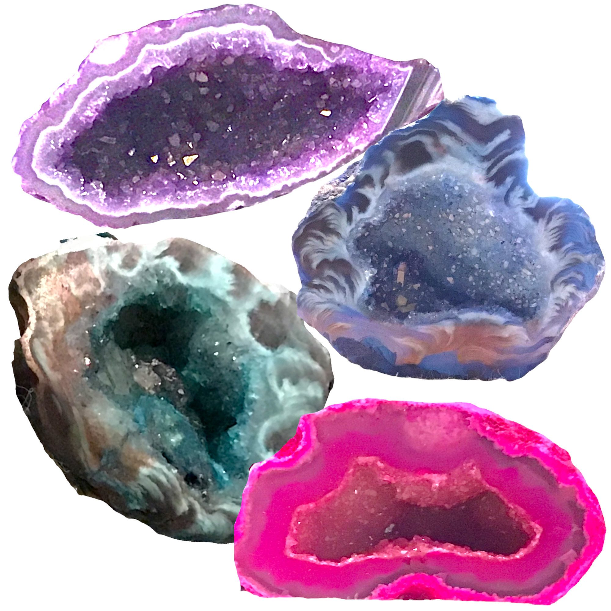 Steinfixx® Mineralstein 4 Stück gefärbte halbe Achat Geoden, poliert, 30-40mm, (4 teiliges Set, Schatzsuche, 1-St., Geschenkset 4 Farben, blau, grün, rot und lila), Glücksgeoden aus Brasilien, für Feengarten oder Dekoration