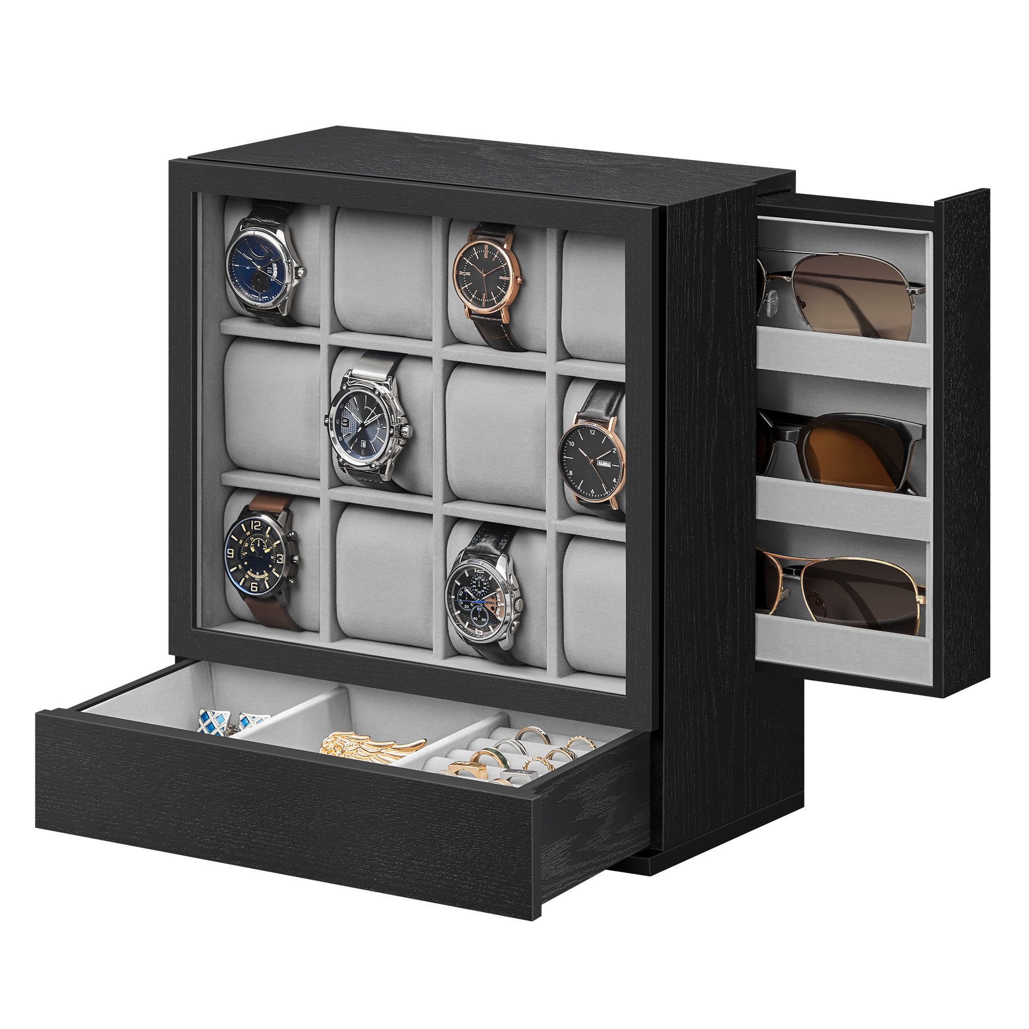 SONGMICS Uhrenbox Uhrenkasten, 6 Fächer, Geschenkidee, großes Sichtfenster, stehende Box, Massivholzfurnier
