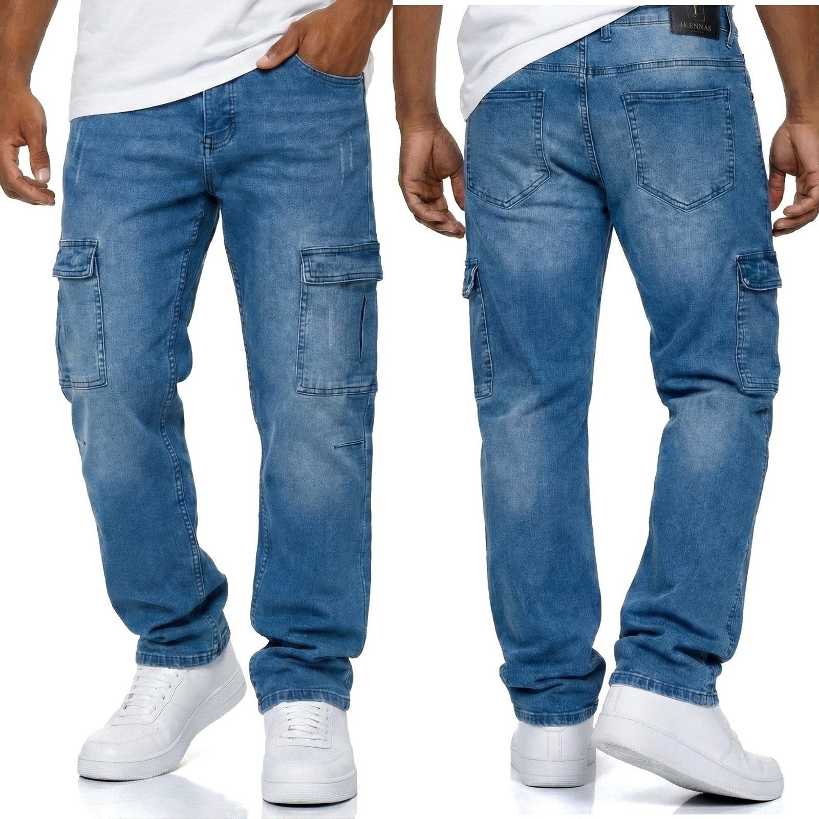 iKENNAS Cargojeans Herren Cargo Jeans Cargohose(2007 Cargo-Jeans) Blau W40 / L32