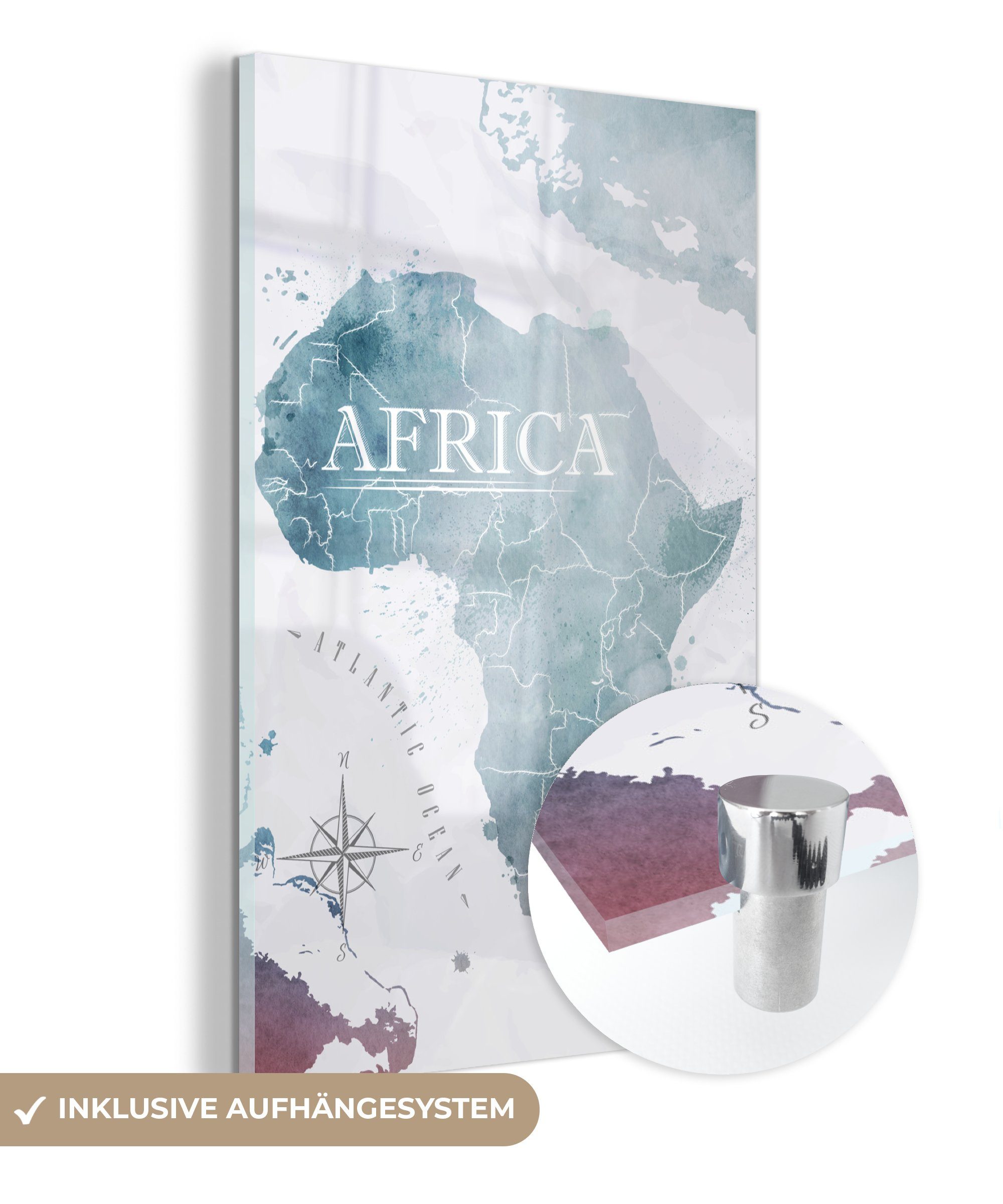 MuchoWow Acrylglasbild Weltkarte - Afrika - (1 Wanddekoration Blau, St), Wandbild - - Foto auf - Bilder auf Glas Glas Glasbilder