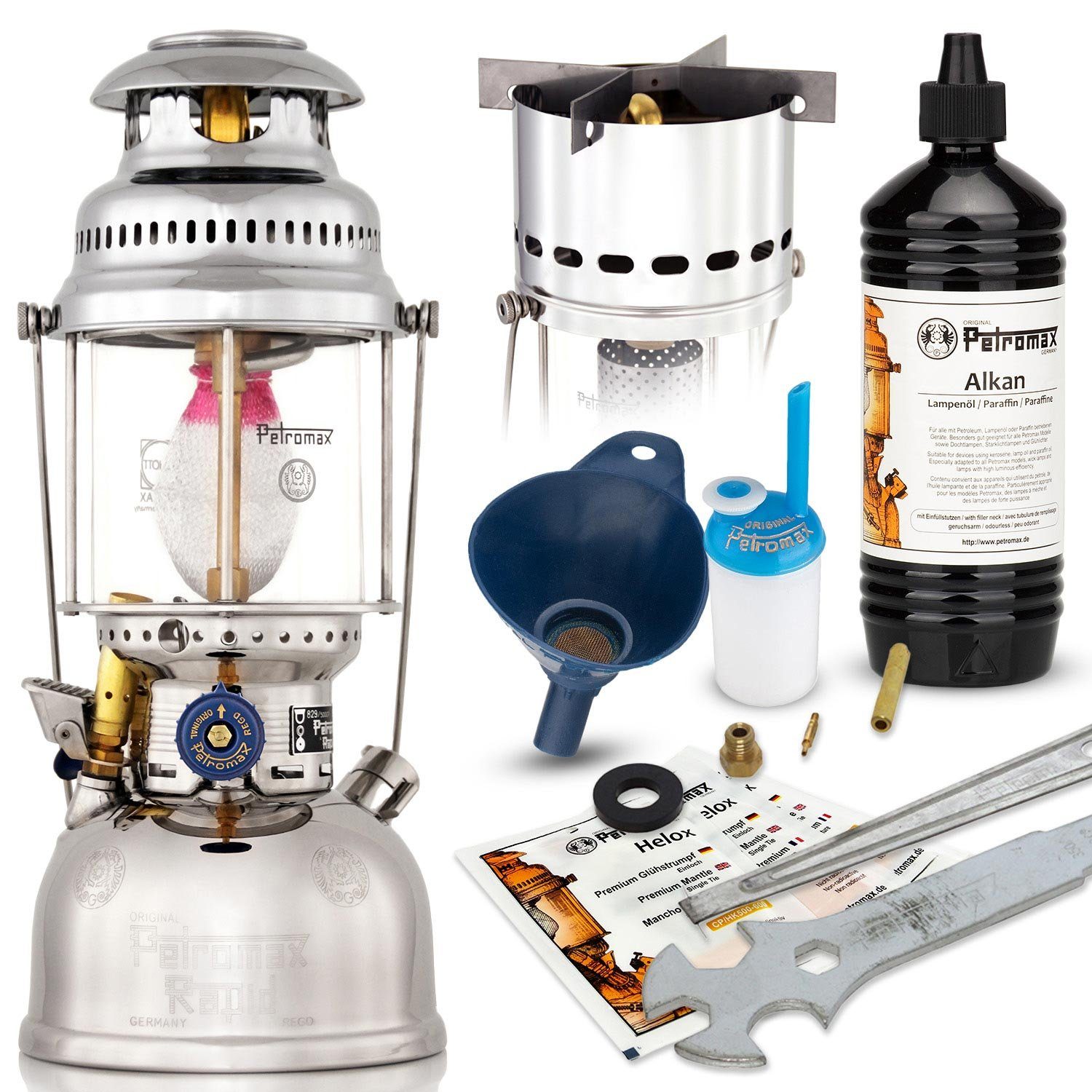 Glühstrumpf, Petromax mit HK500 Tischleuchte Tischlampe Starklichtlampe Hängeleuchte, Kochaufsatz, Messing Kaltweiß, verchromt