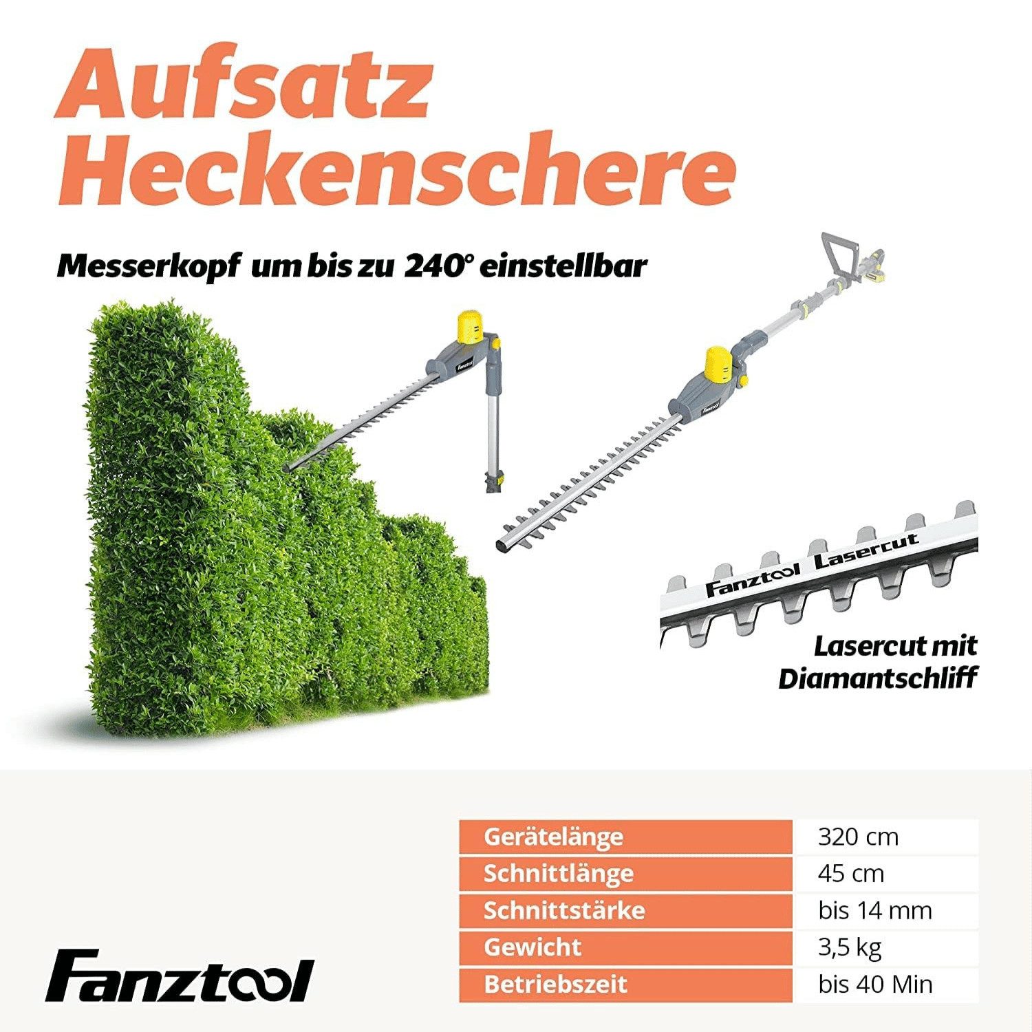 Fanztool Akku-Heckenschere FANZTOOL 20V Li-Ion Akku 2-in-1 Hochentaster/teleskop Heckenschere