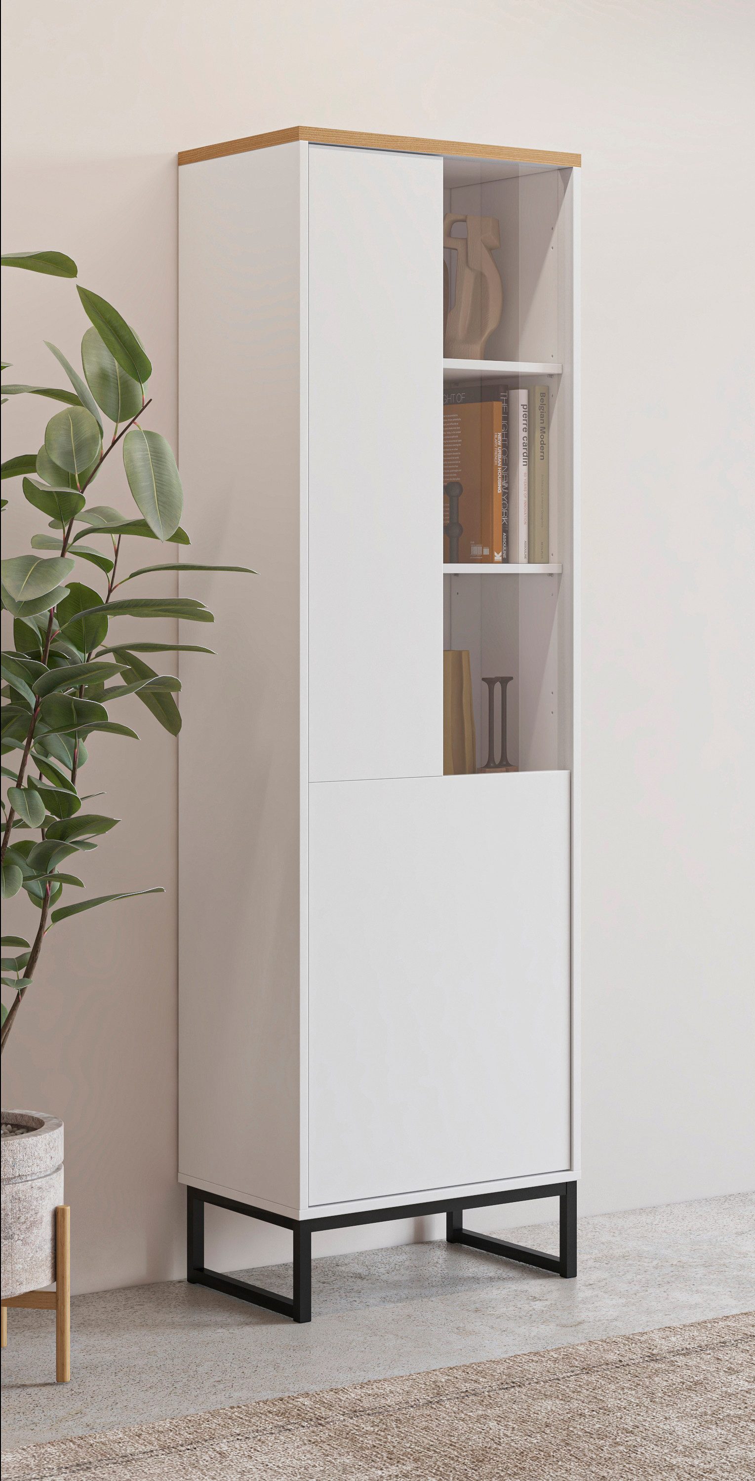 Home affaire Vitrine Loft, Höhe 181 cm, moderne Standvitrine mit Glastür, Metallkufen Hochschrank mit viel Stauraum, Glastür und verstellbaren Einlegeböden