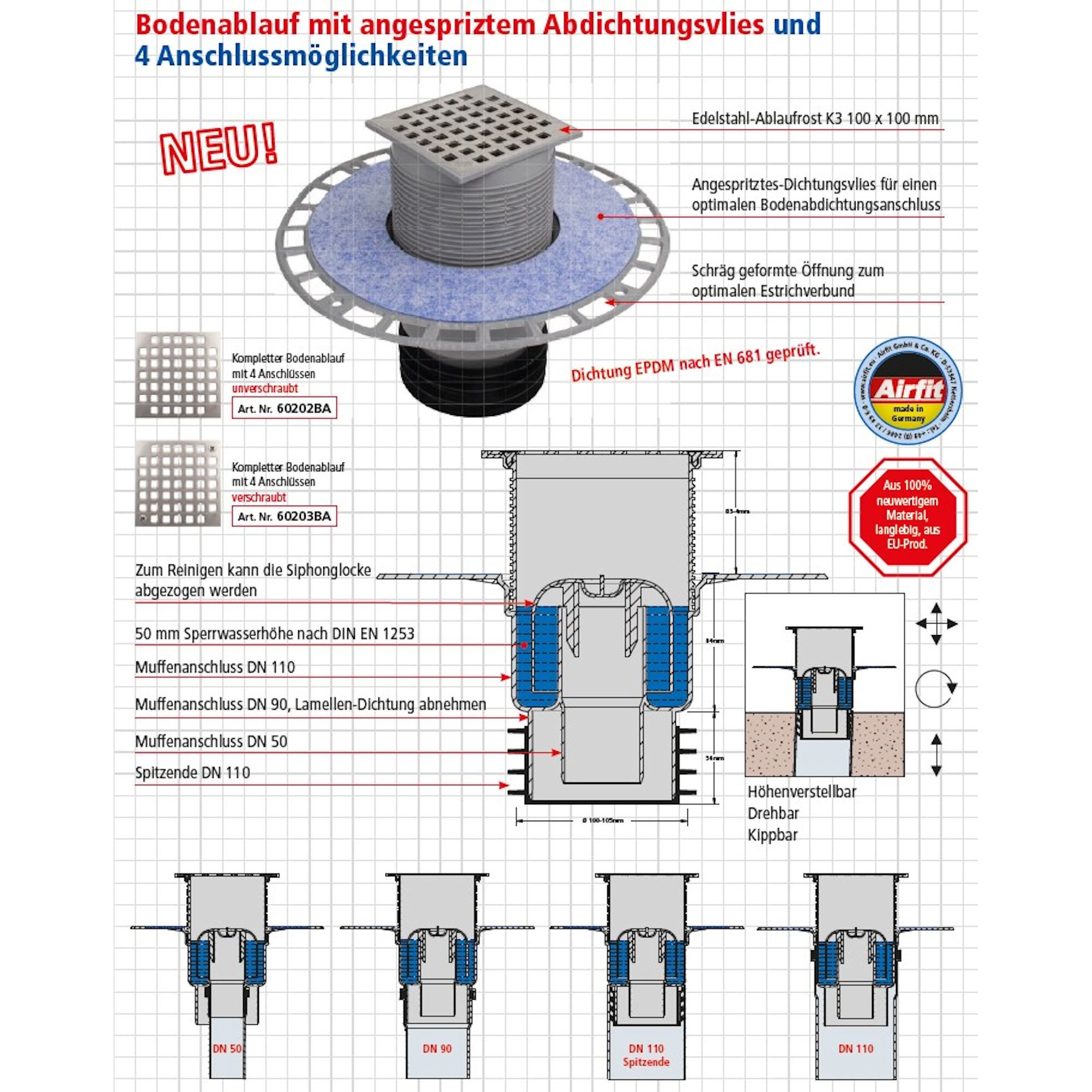 Airfit GmbH & Co. KG Siphon Profi-Plus Bodenablauf (Ablaufrost aufliegend)