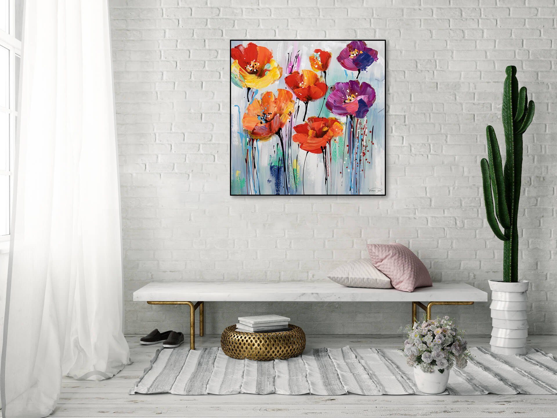 Blumengruß KUNSTLOFT Leinwandbild Gemälde Wohnzimmer 80x80 Bunter 100% Wandbild HANDGEMALT cm,