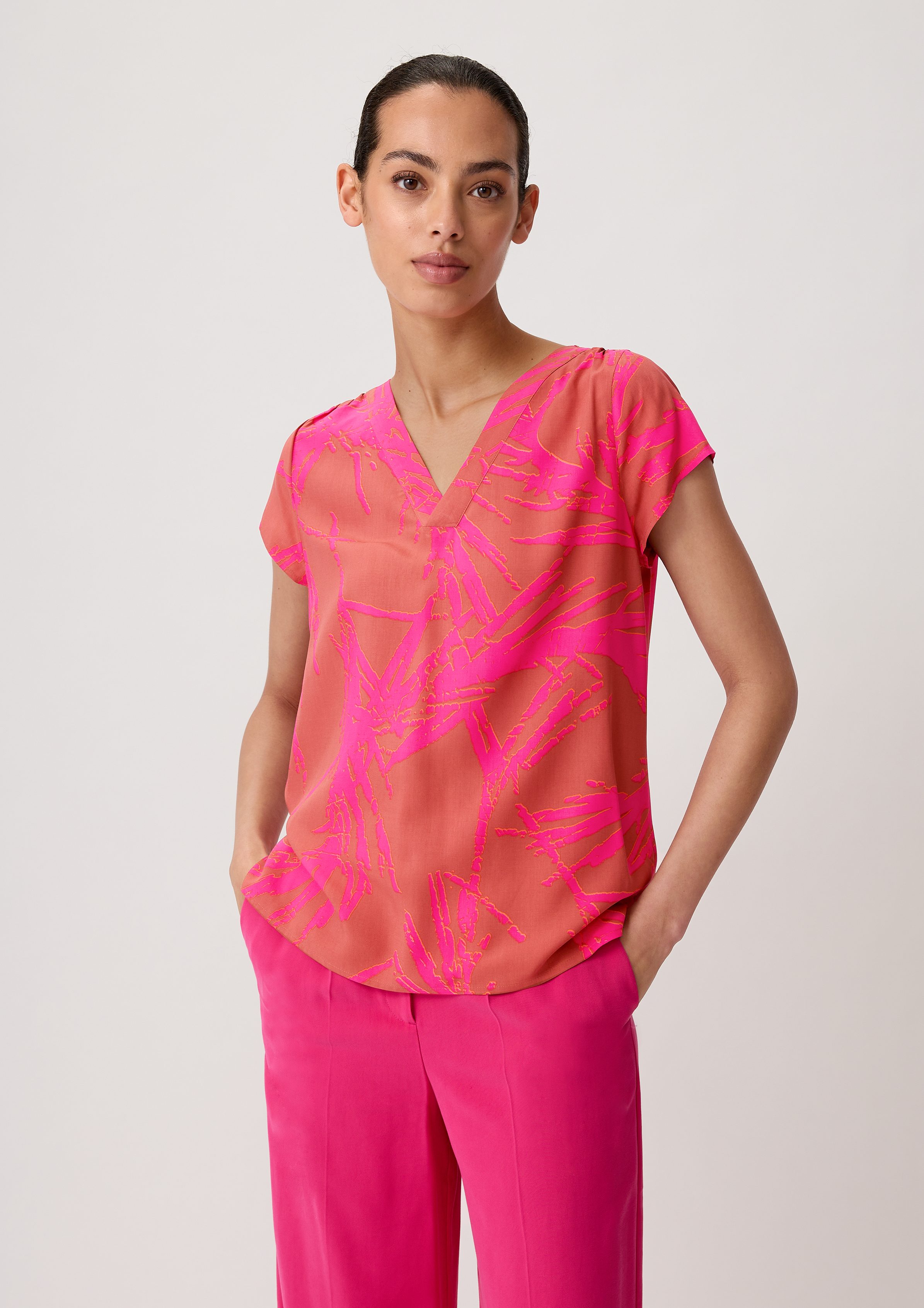 Comma Kurzarmbluse Viskosebluse mit Raffung Raffung pink | Blusenshirts