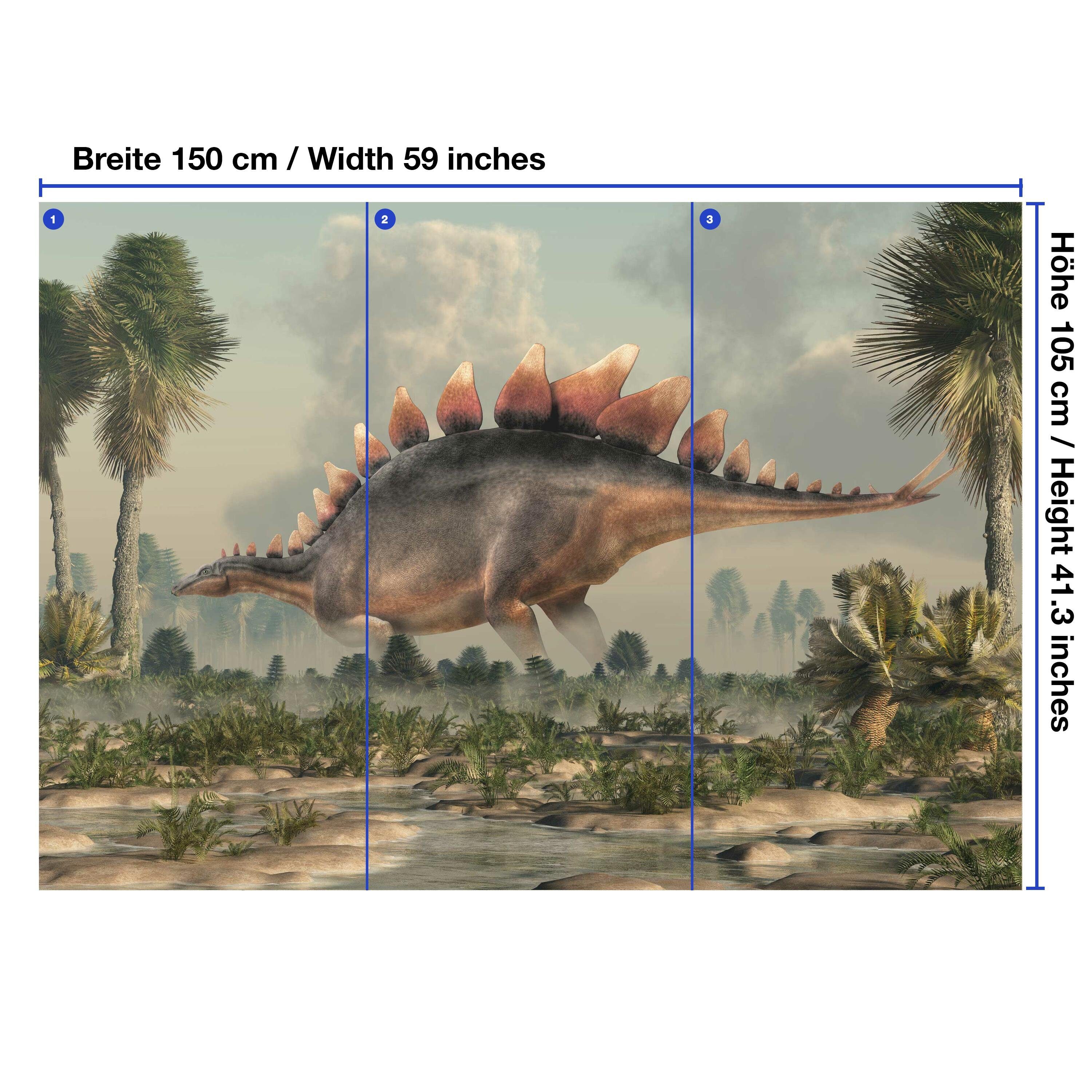 Motivtapete, Palmen, Wandtapete, zwischen wandmotiv24 Dino glatt, matt, Fototapete Stegosaurus Vliestapete