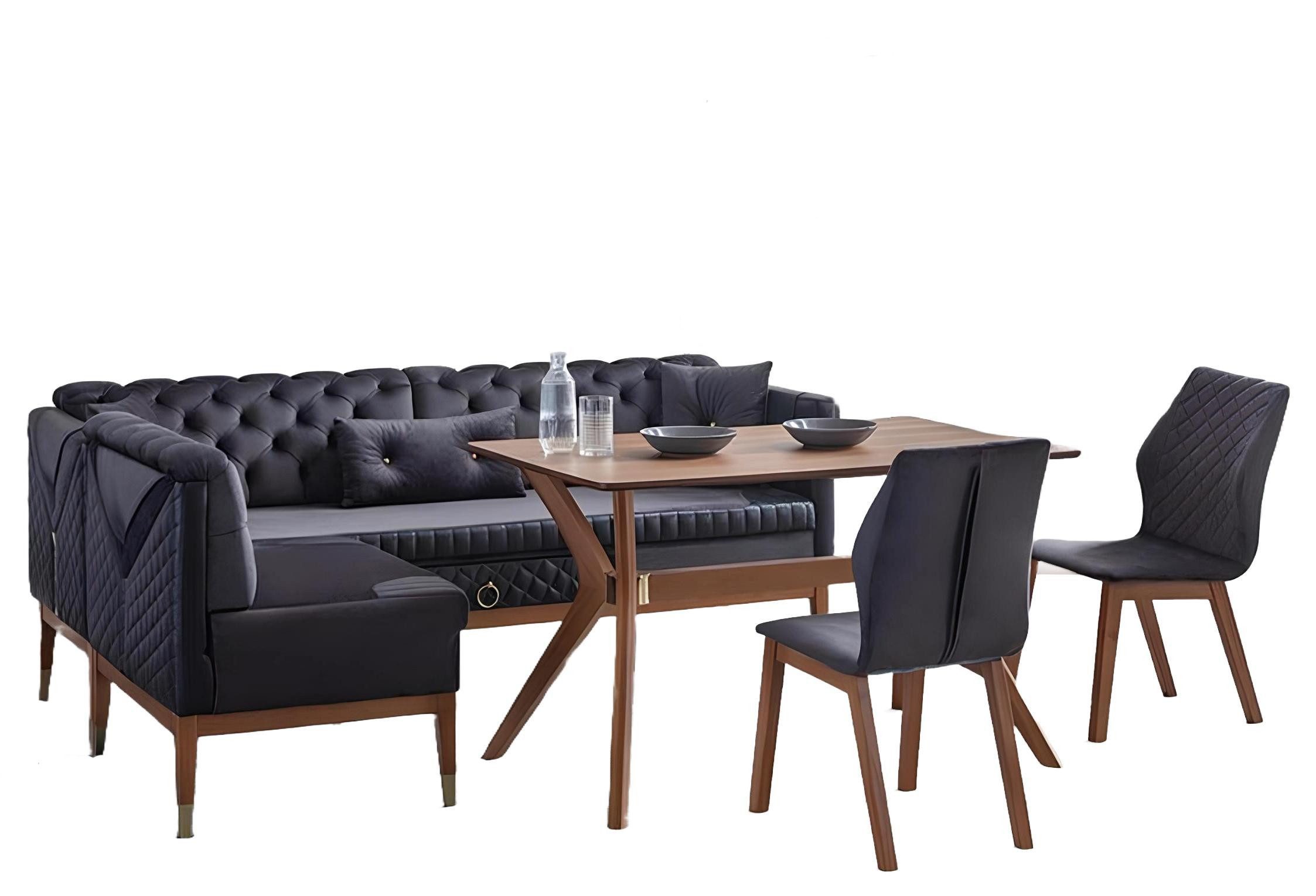 Essgruppe Esszimmer Set Chesterfield Eckbank und Esstisch Schwarz Braun