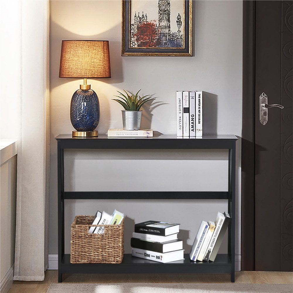 Yaheetech Konsolentisch 2-stufiger Beistelltisch 102 x 30 x 81 cm, Flurtisch mit 2 Ablagen, X-förmige Stütze, Tischbeine aus Massivholz – Bild 3 von 5